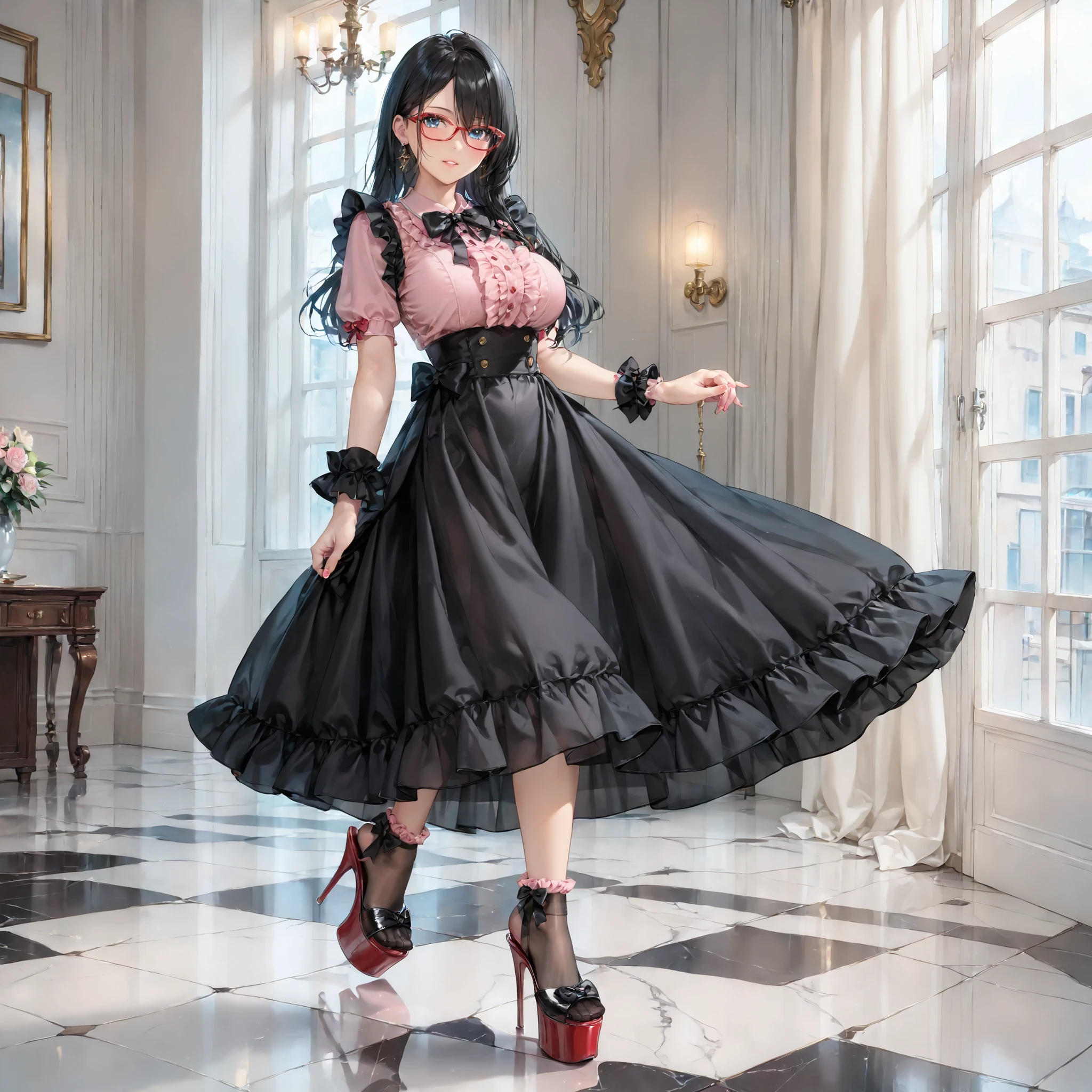 ((inspired by )),((inspired by Animation Style:1.5)),(masterpiece, best quality),beautiful, beautiful-woman, ((detailed face)).(full body:1.3)., 
((black hair)), glasses, blue eyes, long hair, over-rim eye-wear,semi-rimless eye-wear, between eyes .(red-framed glasses:1.2), 
,
1-woman.((in hotel))
The woman is wearing  jirai-kei fashion,pink frilled shirt with short puff sleeves, black neck ribbon,and high waist skirt with black frilled see-through knee-highs-socks ,(platform footwear). ,jirai kei, pink shirt, black skirt, twin-tail, ((frilled see-through socks:1.2)),large ,