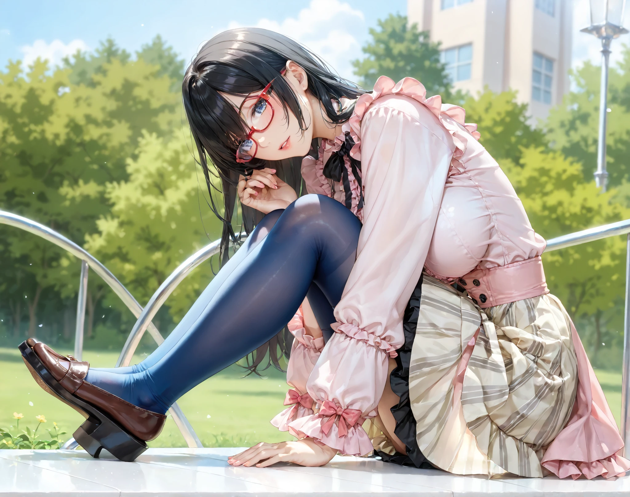 ((inspired by )),((inspired by Animation Style:1.5)),(masterpiece, best quality),beautiful, beautiful-woman, ((detailed face)).(full body:1.3).,
((black hair)), glasses, blue eyes, long hair, over-rim eye-wear,semi-rimless eye-wear, between eyes .(red-framed glasses:1.2),
,
1-woman.((in hotel))
The woman is wearing jirai-kei fashion,pink frilled shirt with short puff sleeves, black neck ribbon,and high waist skirt with black frilled see-through knee-highs-socks ,(platform footwear). ,jirai kei, pink shirt, black skirt, twin-tail, ((frilled see-through socks:1.2)),large breast,