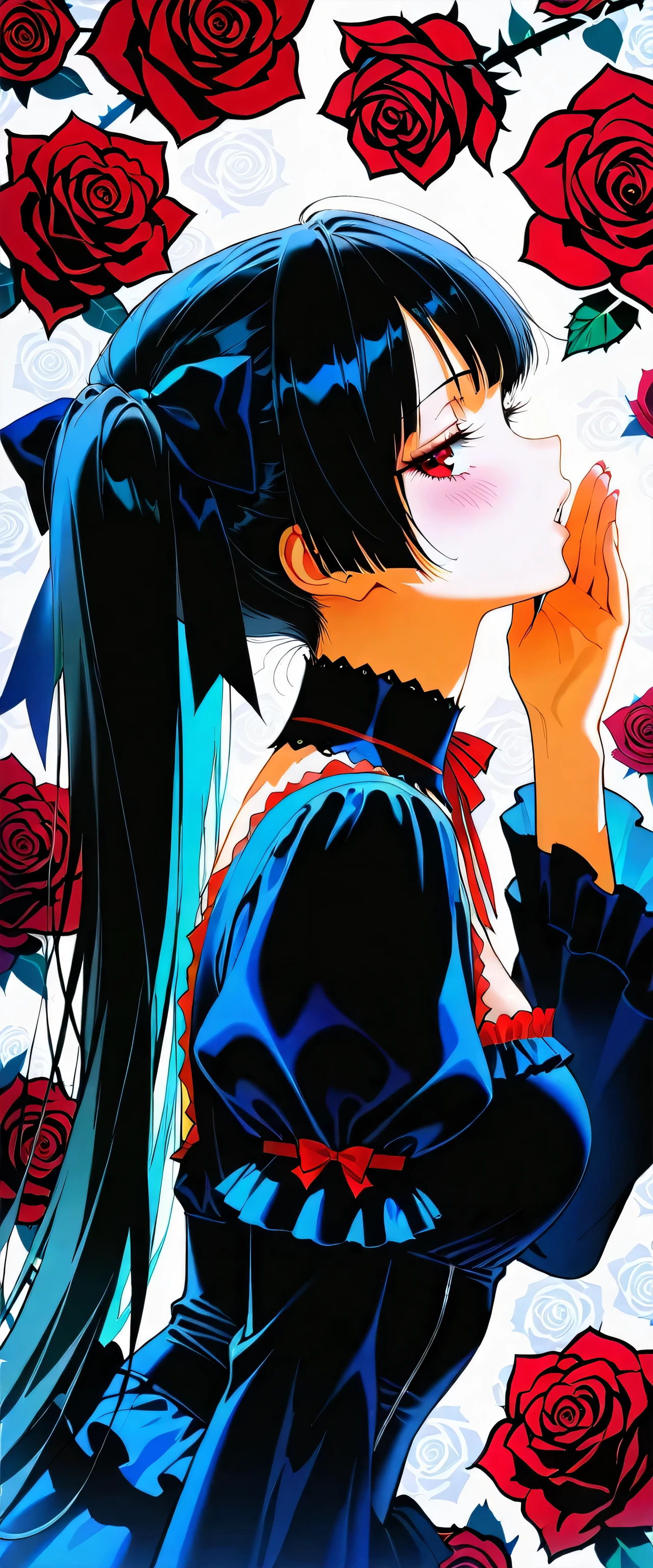 (beautiful girl:1.3),masterpiece,Please redeem,Ultra-high resolution,rich contrast,Very high quality,8k,Highly detailed CG unit wallpaper,Texture,So ridiculous,RAW Photos,Highest quality anime,anime-style illustration,studio anime style,professional photograph,an extremely delicate and beautiful,Depth of written boundary1.2,ultra-detailed eyes,big eyes,round eyes,Glitter Effect,fair skin,twin tails,black hair,weak,blush,(Doll Lolita),Gothic Lolita,tilt your head,(rose background:1.5),maorix,(from side:1.5),(whispering:1.5),