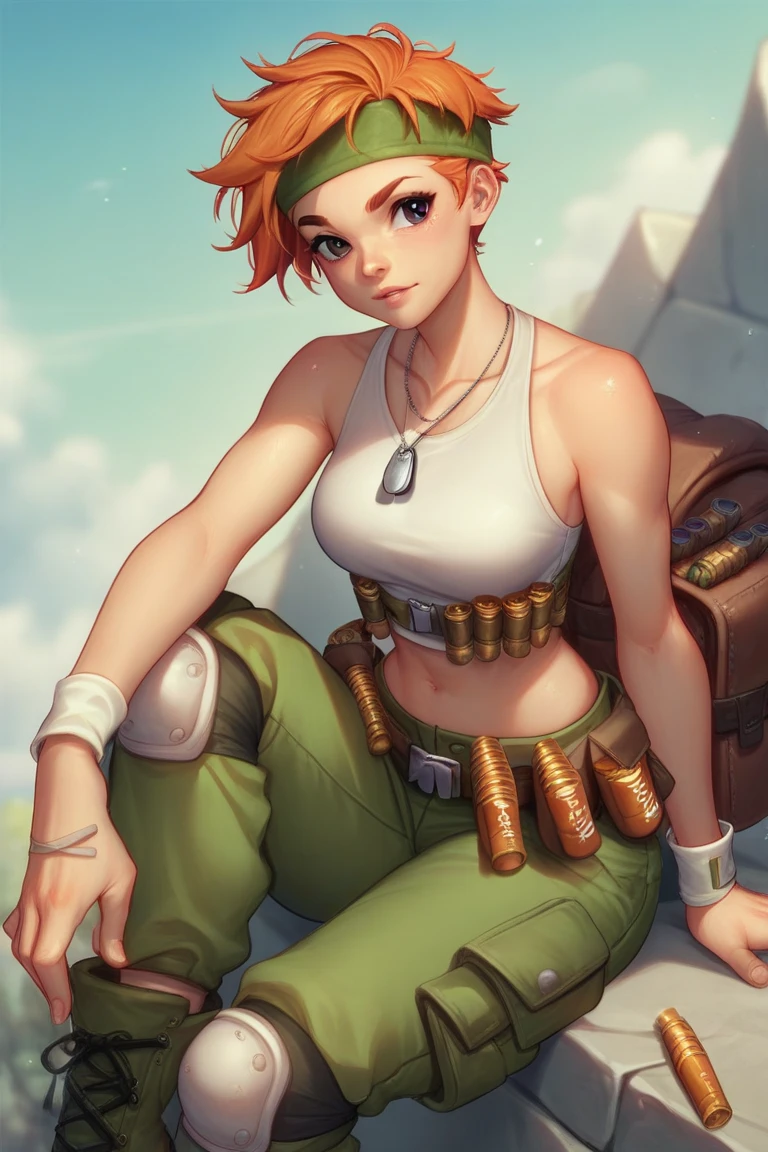 score_9, score_8_up, human, source_anime, sami_domino, orange_hair, green_headband, white_tank_top, midriff, green_pants, pouch, combat_boots, inside a battlefield, medium breasts, athletic, 1girl, solo female, beautiful, epic, wallpaper, looking at viewer, looking at you, smiling