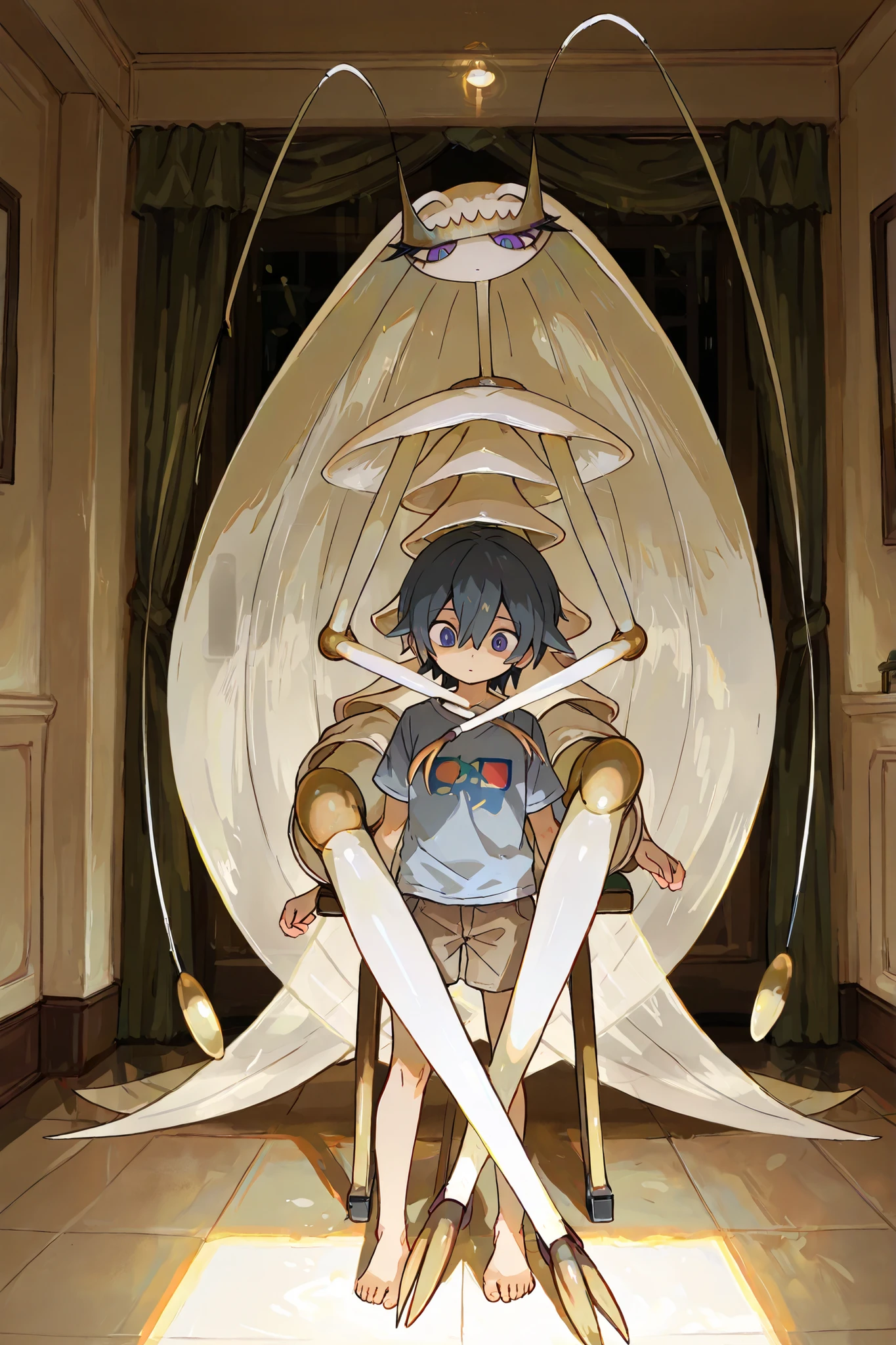 beatiful face, feet,best quality,tonemapping, sharp focus, hyper detailed,(pheromosa),best quality,beautiful,pokemon,(2 fingers),(Clear eyes),detaileds,8K,brightly lit room, (slender:1.3),((little boy and pheromosa))