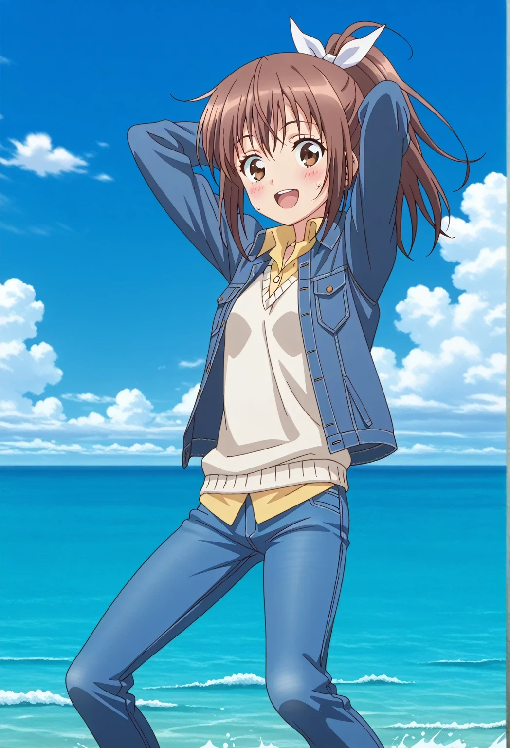 score_9, score_8_up, score_7_up, source_anime, highres, hi res, ((best quality, top quality, perfect quality, Highest Quality, amazing quality)), {{masterpiece}}, {{an extremely delicate and beautiful}}, 2d, intricate details, official style, anime, 8k, anime style, official_anime, official art, digital painting, cell shading, soft shading, high resolution, soothing tones, Subdued Color, Soft cinematic light, adobe lightroom, photolab, HDR, intricately and hyper-detailed, ((high quality animation)), 1 girl, Alone, solo, ((ocean)), tsunami, on the water, day, sunny, outdoors, sky, windy, sally, long hair, ribbon, hair ribbon, white ribbon, ponytail, brown hair, brown eyes, anime screencap, small breasts, ((deep blue denim jacket)), shirt collar, untucked shirts, yellow shirt, white sweater vest, long sleeves, best quality, hyper-detailed jeans, ((blue jeans:1.9)), (dark blue jeans:0.6), full medium body, medium shot, Open mouth, smiling, happy face, blush, sweat, standing, ((arms behind head:6.0)), bowlegged, jumping pose, action, looking at viewer, spread legs, Bend knees slightly, straight-on front view