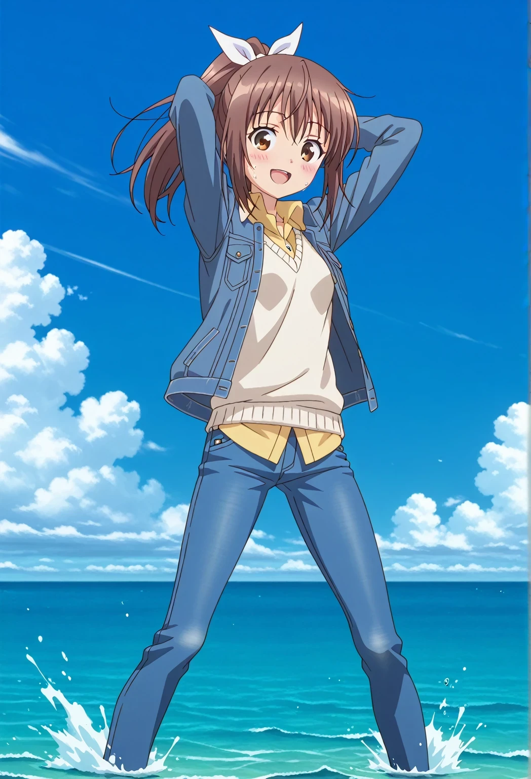 score_9, score_8_up, score_7_up, source_anime, highres, hi res, ((best quality, top quality, perfect quality, Highest Quality, amazing quality)), {{masterpiece}}, {{an extremely delicate and beautiful}}, 2d, intricate details, official style, anime, 8k, anime style, official_anime, official art, digital painting, cell shading, soft shading, high resolution, soothing tones, Subdued Color, Soft cinematic light, adobe lightroom, photolab, HDR, intricately and hyper-detailed, ((high quality animation)), 1 girl, Alone, solo, ((ocean)), tsunami, on the water, day, sunny, outdoors, sky, windy, sally, long hair, ribbon, hair ribbon, white ribbon, ponytail, brown hair, brown eyes, anime screencap, small breasts, ((deep blue denim jacket)), shirt collar, untucked shirts, yellow shirt, white sweater vest, long sleeves, best quality, hyper-detailed jeans, ((blue jeans:1.9)), (dark blue jeans:0.6), full medium body, medium shot, Open mouth, smiling, happy face, blush, sweat, standing, ((arms behind head:6.0)), bowlegged, sliding pose, action, looking at viewer, spread legs, Bend knees slightly, straight-on front view