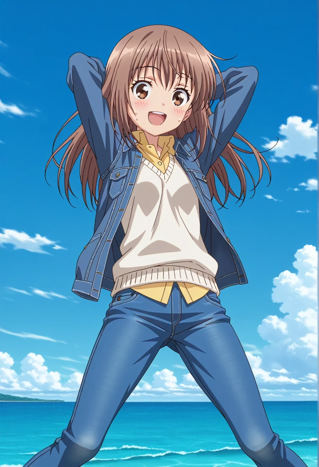 score_9, score_8_up, score_7_up, source_anime, highres, hi res, ((best quality, top quality, perfect quality, Highest Quality, amazing quality)), {{masterpiece}}, {{an extremely delicate and beautiful}}, 2d, intricate details, official style, anime, 8k, anime style, official_anime, official art, digital painting, cell shading, soft shading, high resolution, soothing tones, Subdued Color, Soft cinematic light, adobe lightroom, photolab, HDR, intricately and hyper-detailed, ((high quality animation)), 1 girl, Alone, solo, ((ocean)), tsunami, on the water, day, sunny, outdoors, sky, windy, sally, long hair, brown hair, brown eyes, anime screencap, small breasts, ((deep blue denim jacket)), shirt collar, untucked shirts, yellow shirt, white sweater vest, long sleeves, best quality, hyper-detailed jeans, ((blue jeans:1.9)), (dark blue jeans:0.6), full medium body, medium shot, Open mouth, smiling, happy face, blush, sweat, standing, ((arms behind head:6.0)), bowlegged, jumping pose, action, looking at viewer, spread legs, Bend knees slightly, straight-on front view