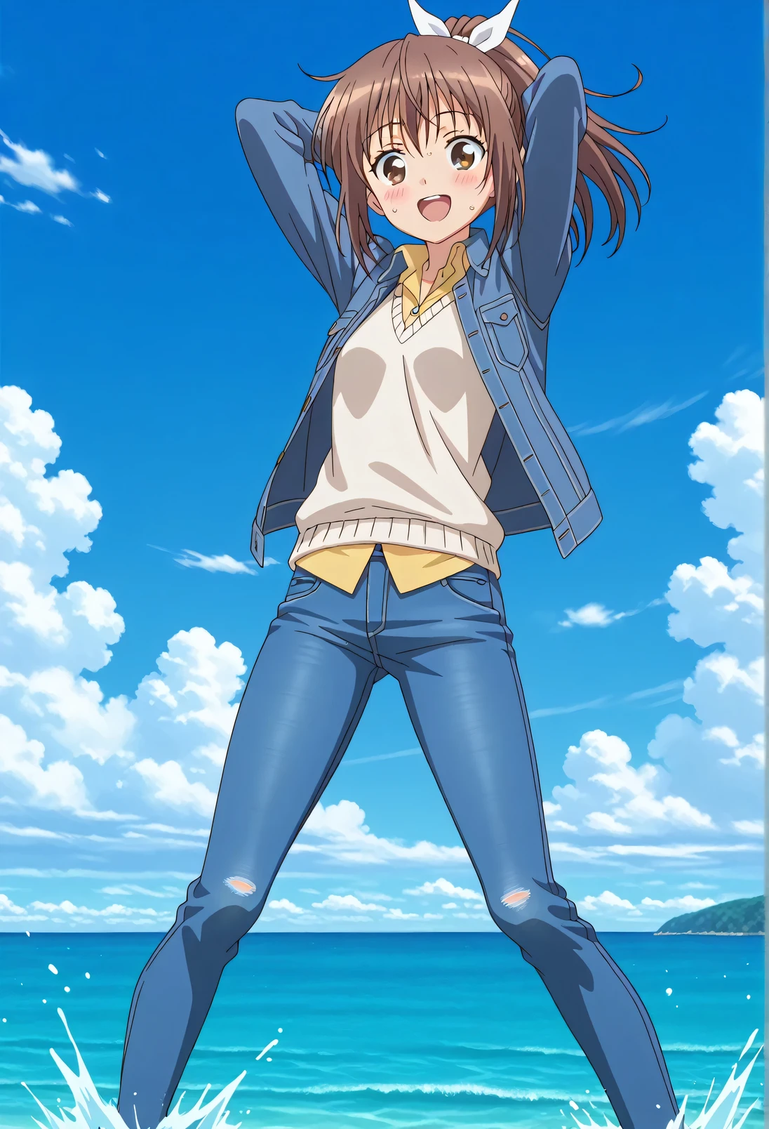 score_9, score_8_up, score_7_up, source_anime, highres, hi res, ((best quality, top quality, perfect quality, Highest Quality, amazing quality)), {{masterpiece}}, {{an extremely delicate and beautiful}}, 2d, intricate details, official style, anime, 8k, anime style, official_anime, official art, digital painting, cell shading, soft shading, high resolution, soothing tones, Subdued Color, Soft cinematic light, adobe lightroom, photolab, HDR, intricately and hyper-detailed, ((high quality animation)), 1 girl, Alone, solo, ((ocean)), tsunami, on the water, day, sunny, outdoors, sky, windy, sally, long hair, ribbon, hair ribbon, white ribbon, ponytail, brown hair, brown eyes, anime screencap, small breasts, ((deep blue denim jacket)), shirt collar, untucked shirts, yellow shirt, white sweater vest, long sleeves, best quality, hyper-detailed jeans, ((blue jeans:1.9)), (dark blue jeans:0.6), full medium body, medium shot, Open mouth, smiling, happy face, blush, sweat, standing, ((arms behind head:6.0)), bowlegged, jumping pose, action, looking at viewer, spread legs, Bend knees slightly, straight-on front view
