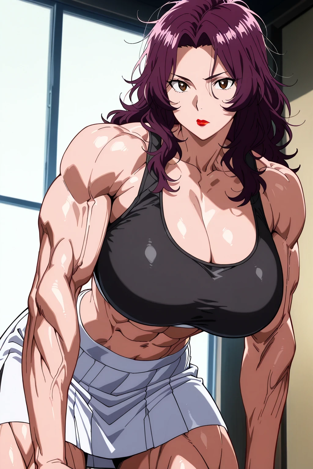 score 9 , score 8 up, score 7 up, source anime, 傑作, best quality, best image quality, best resolution, anime coloring, anime screencap, anime screenshot, 1woman, Close-up of a woman with long purple hair, muscular and strong, make up, messy hair, lipstick, wavy hair, parted bangs, muscular and strong, brown eyed woman, (aged up,24 year old), solo, huge breasts, strong muscles, クラシック woman, huge breasts, strong muscles, very large breasts, made by an anime artist, huge boobs, wearing white tight skirt, outfit:pitch black sports bra, biceps, biceps long head, biceps short head, triceps, triceps medial head, triceps lateral head, triceps long head, brachioradialis, deltoids, anterior deltoids, middle deltoids, posterior deltoids, midriff, stomach, abdominal muscles , navel, thigh muscles, semitendinosus muscles, hamstrings, adductor magnus muscles, collarbone, trapezius, plain sports bra, woman ロマンス, (pitch black sports bra:1.5), official anime style, basic sports bra, muscular woman, skin tight sports bra, muscular and feminine, 魅力的なアニメの女性, very tall woman, toned body, adult sexy appeal, wearing a white tight skirt, アニメチンコ!!!!, (white tight skirt:1.5), sports bra with an pitch black, tight skirt with an white, bare shoulders, bare arms, bare legs, sports bra and tight skirt only, cowboy shot, looking at viewer, female focus, Placed in front,