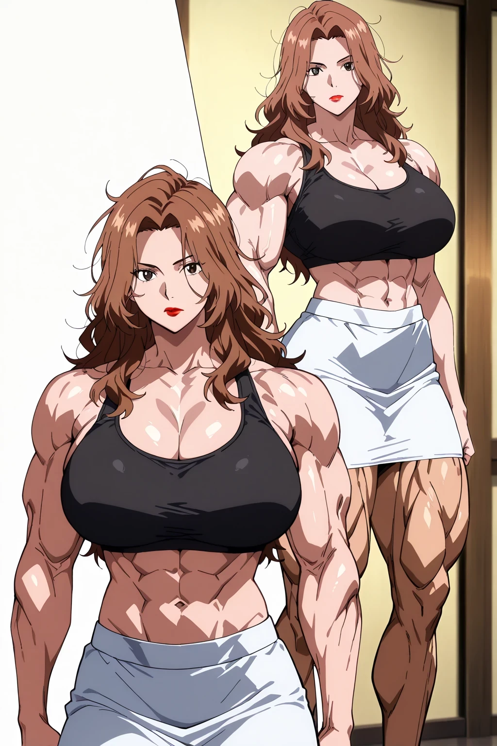 score 9 , score 8 up, score 7 up, source anime, 傑作, best quality, best image quality, best resolution, anime coloring, anime screencap, anime screenshot, 1woman, Close-up of a woman with long brown hair, muscular and strong, make up, messy hair, lipstick, wavy hair, parted bangs, muscular and strong, brown eyed woman, (aged up,24 year old), solo, huge breasts, strong muscles, クラシック woman, huge breasts, strong muscles, very large breasts, made by an anime artist, huge boobs, wearing white tight skirt, outfit:pitch black sports bra, biceps, biceps long head, biceps short head, triceps, triceps medial head, triceps lateral head, triceps long head, brachioradialis, deltoids, anterior deltoids, middle deltoids, posterior deltoids, midriff, stomach, abdominal muscles , navel, thigh muscles, semitendinosus muscles, hamstrings, adductor magnus muscles, collarbone, trapezius, plain sports bra, woman ロマンス, (pitch black sports bra:1.5), official anime style, basic sports bra, muscular woman, skin tight sports bra, muscular and feminine, 魅力的なアニメの女性, very tall woman, toned body, adult sexy appeal, wearing a white tight skirt, アニメチンコ!!!!, (white tight skirt:1.5), sports bra with an pitch black, tight skirt with an white, bare shoulders, bare arms, bare legs, sports bra and tight skirt only, cowboy shot, looking at viewer, female focus, Placed in front,