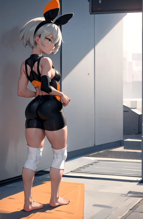 Young adult girl standing in an indoor fitness center ((hand on )), looking back at the camera, wearing bike shorts and bodytight sleeveless bike shirt with a zipper, ((turtleneck)) ((Wet body)), ((medium lenght bob hair waving in the air)), open mouth, perfect body, camera , -anime, photo realistic (()) ((solo)) ((white hair)), no equipment, rim lighting, waist up portrait