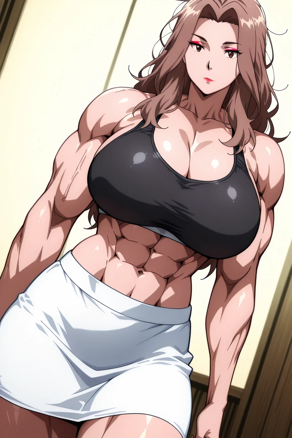 score 9 , score 8 up, score 7 up, source anime, 傑作, best quality, best image quality, best resolution, anime coloring, anime screencap, anime screenshot, 1woman, Close-up of a woman with long brown hair, muscular and strong, makeup, messy hair, lipstick, wavy hair, parted bangs, muscular and strong, brown eyed woman, (aged up,24 year old), solo, huge breasts, strong muscles, クラシック woman, huge breasts, strong muscles, very large breasts, made by an anime artist, huge boobs, wearing white tight skirt, outfit:pitch black sports bra, biceps, biceps long head, biceps short head, triceps, triceps medial head, triceps lateral head, triceps long head, brachioradialis, deltoids, anterior deltoids, middle deltoids, posterior deltoids, midriff, stomach, abdominal muscles , navel, thigh muscles, semitendinosus muscles, hamstrings, adductor magnus muscles, collarbone, trapezius, plain sports bra, woman ロマンス, (pitch black sports bra:1.5), official anime style, basic sports bra, muscular woman, skin tight sports bra, muscular and feminine, 魅力的なアニメの女性, very tall woman, toned body, adult sexy appeal, wearing a white tight skirt, アニメチンコ!!!!, (white tight skirt:1.5), sports bra with an pitch black, tight skirt with an white, bare shoulders, bare arms, bare legs, sports bra and tight skirt only, cowboy shot, looking at viewer, female focus, Placed in front,