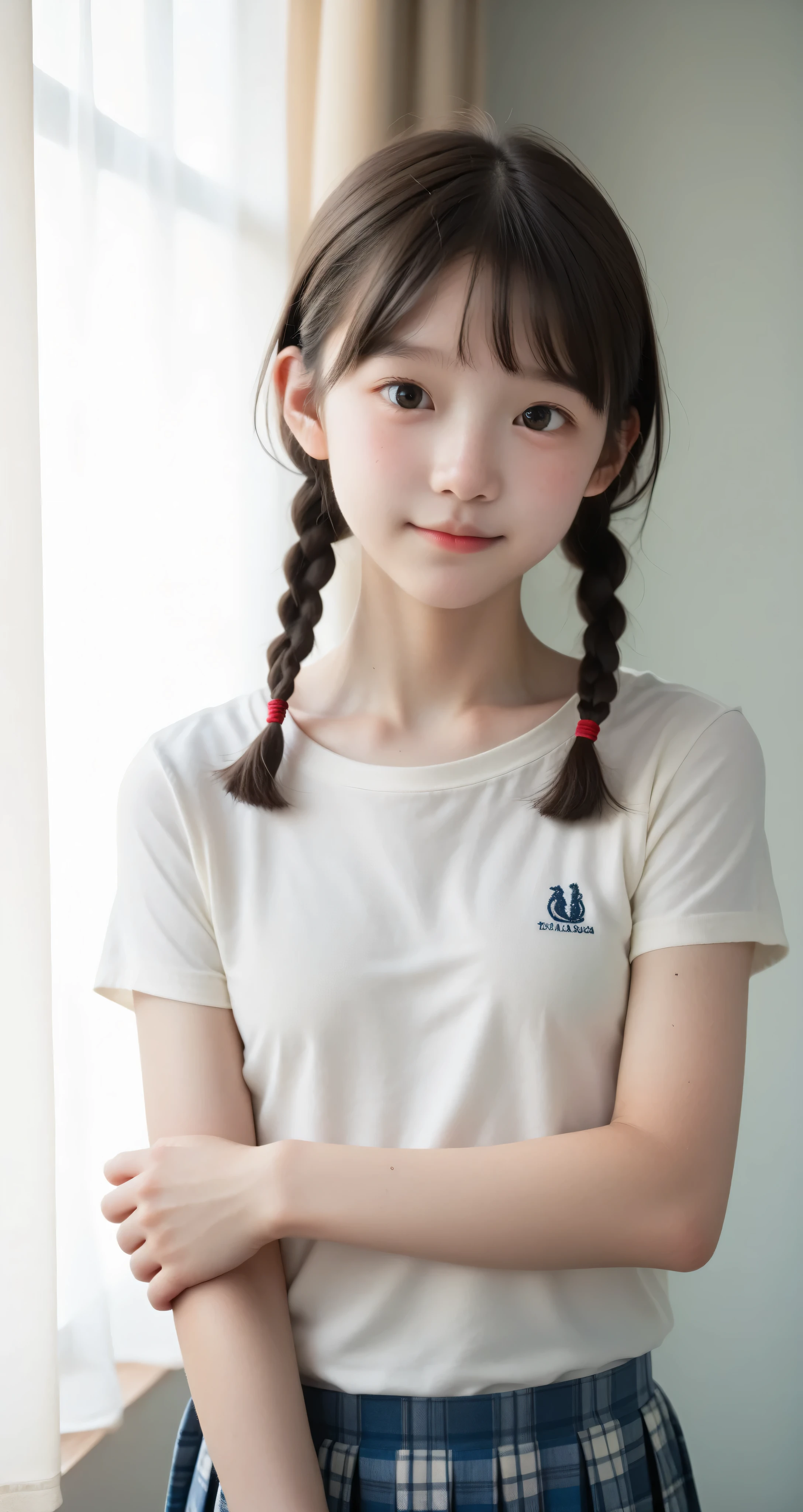 ( photo Realistic:1.5),Cute Girl,cute girl with L braids,n current ,slender body,Cute younger Girl,Slender,skinny,score_7_ up,score_8_ up,score_9,small breasted,uniform,sunlight,Japanese,Realistic,(white skin:1.5),short,short hair, thin shoulders,thin arm,younger,Yang