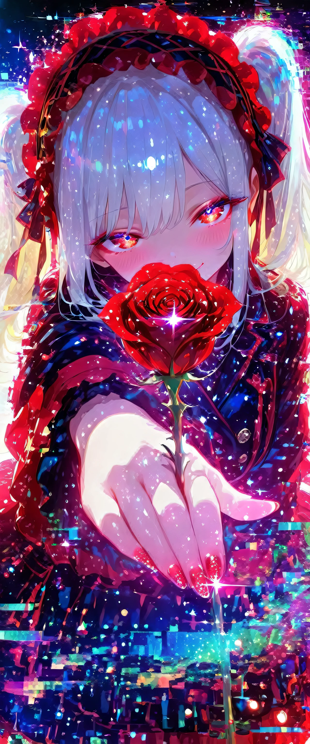 (beautiful girl: 1.3),masterpiece,Ultra-high resolution,Rich contrast,Very high quality,8k,Highly detailed CG unit wallpaper,Texture,Incredibly absurd,,RAW Photos,Depth of written boundary 1.2,ultra-detailed eyes,Glitter Effect,Beautiful glossy lips,fair skin,twin tails,silver hair,Circular Bokeh,(backlighting:1.2),0__11Xx_illu,A bright red rose between my fingers,dynamic composition,((glitch,multicolor glitch,neon)),weak,smile,blush,Doll Lolita,