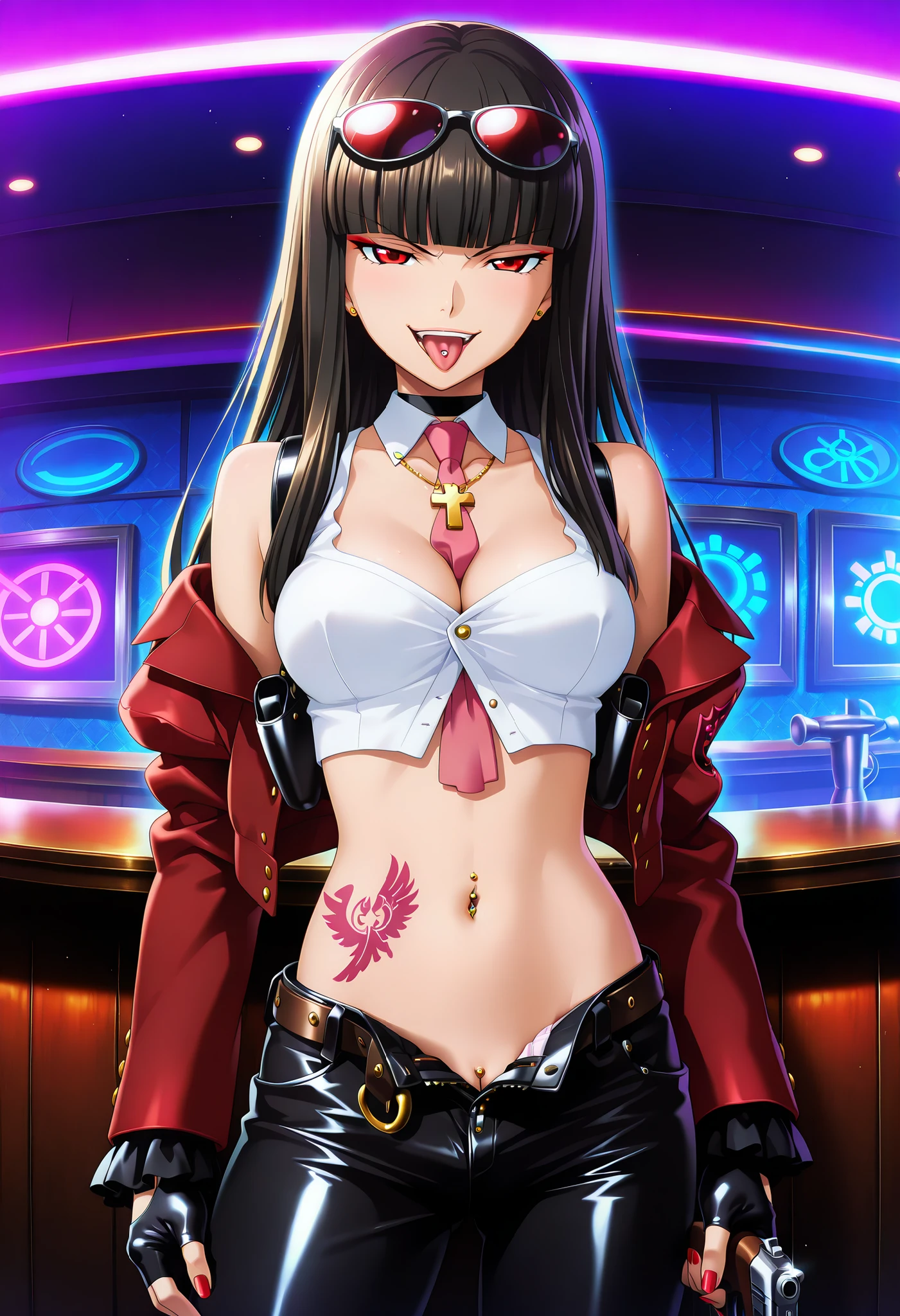 , fisheye, looking at viewer, 1girl, solo, lucifer, stakes of purgatory, long hair, black hair, bangs, blunt bangs, red eyes, pink necktie, white shirt, collared shirt, red jacket, long sleeves, frilled sleeves,, nail polish , , makeup , ear piercing , long hair , lipstick , Hot girl , baddie , smoking , sensual , attractive , choker ,cross necklace, bar background, inside bar ,indoors, , casino, , fur jacket , bare shoulders , white fur , , , leather pants , dark brown , fur , side inserts , belt , weapon holder , weapon , fingerless gloves , leather , forearms , sword , short , strapped , belt , cowboy shot , masterpiece , best quality , highly detailed , a girls with a gun , evil smile , open mouth , sexy gaze , badass pose , evil smile , smile , (nsfw) not safe for work , guns blazing , anime girl with long hair , beautiful long haired girl , navel , evil expression , exposed belly , exposed navel , exposed midriff , exposed lower belly , long black pants , cleavage , unbuttoned leather pants , open fly , low rise black leather pants , leather jacket , holding a gun , holding pistol , , pull_down leather pants , (show off panties , :1 . 2 , no panties) , pull_down long black pants , pull_down black leather pants , zip up leather jacket , bikini top , navel piercing , cross-laced slit , tongue piercing , tongue out , open mouth , clitoris piercing ,, , shoulder holster,, sunglasses on head, medium breasts, waist dragon tattoo, narrowed eyes, tattoo waist, , anime screencap , anime coloring, looking at viewer , v-shaped eyebrows,