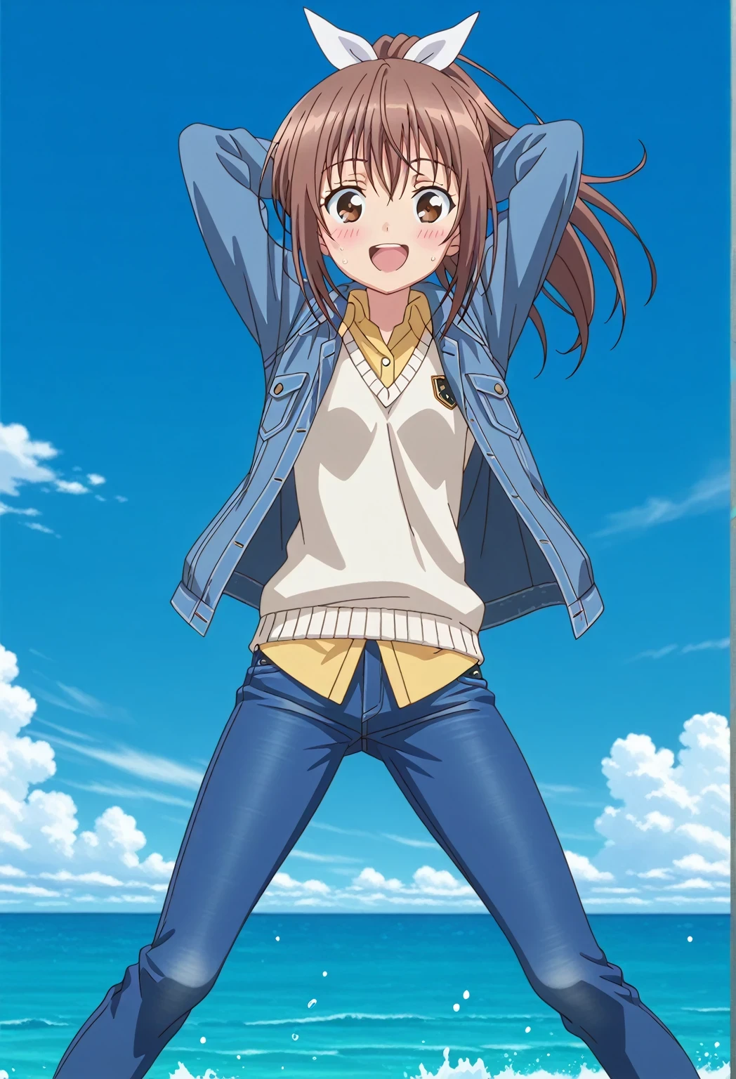 score_9, score_8_up, score_7_up, source_anime, highres, hi res, ((best quality, top quality, perfect quality, Highest Quality, amazing quality)), {{masterpiece}}, {{an extremely delicate and beautiful}}, 2d, intricate details, official style, anime, 8k, anime style, official_anime, official art, digital painting, cell shading, soft shading, high resolution, soothing tones, Subdued Color, Soft cinematic light, adobe lightroom, photolab, HDR, intricately and hyper-detailed, ((high quality animation)), 1 girl, Alone, solo, ((ocean)), tsunami, on the water, day, sunny, outdoors, sky, windy, sally, long hair, ribbon, hair ribbon, white ribbon, ponytail, brown hair, brown eyes, anime screencap, small breasts, ((deep blue denim jacket)), shirt collar, untucked shirts, yellow shirt, white sweater vest, long sleeves, best quality, hyper-detailed jeans, ((blue jeans:1.9)), (dark blue jeans:0.6), full medium body, medium shot, Open mouth, smiling, happy face, blush, sweat, standing, ((arms behind head:6.0)), bowlegged, jumping pose, action, looking at viewer, spread legs, Bend knees slightly, straight-on front view