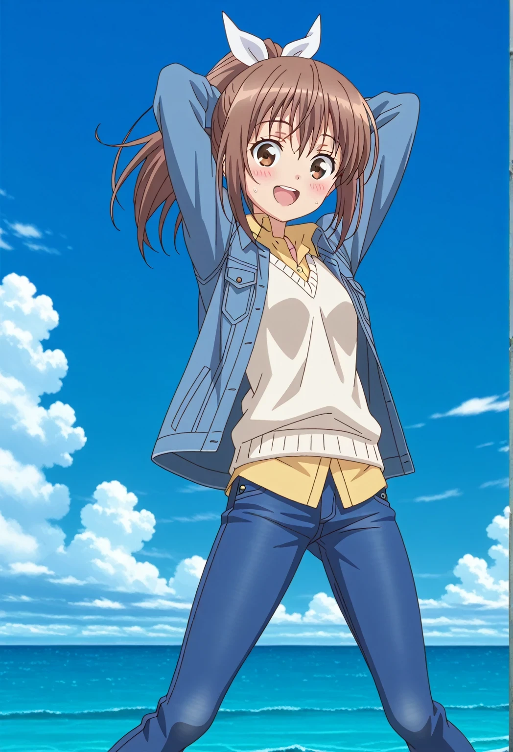 score_9, score_8_up, score_7_up, source_anime, highres, hi res, ((best quality, top quality, perfect quality, Highest Quality, amazing quality)), {{masterpiece}}, {{an extremely delicate and beautiful}}, 2d, intricate details, official style, anime, 8k, anime style, official_anime, official art, digital painting, cell shading, soft shading, high resolution, soothing tones, Subdued Color, Soft cinematic light, adobe lightroom, photolab, HDR, intricately and hyper-detailed, ((high quality animation)), 1 girl, Alone, solo, ((ocean)), tsunami, on the water, day, sunny, outdoors, sky, windy, sally, long hair, ribbon, hair ribbon, white ribbon, ponytail, brown hair, brown eyes, anime screencap, small breasts, ((deep blue denim jacket)), shirt collar, untucked shirts, yellow shirt, white sweater vest, long sleeves, best quality, hyper-detailed jeans, ((blue jeans:1.9)), (dark blue jeans:0.6), full medium body, medium shot, Open mouth, smiling, happy face, blush, sweat, standing, ((arms behind head:6.0)), bowlegged, jumping pose, action, looking at viewer, spread legs, Bend knees slightly, straight-on front view