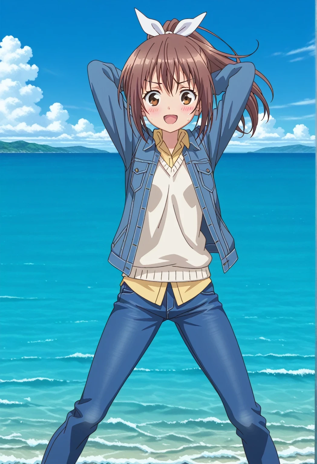 score_9, score_8_up, score_7_up, source_anime, highres, hi res, ((best quality, top quality, perfect quality, Highest Quality, amazing quality)), {{masterpiece}}, {{an extremely delicate and beautiful}}, 2d, intricate details, official style, anime, 8k, anime style, official_anime, official art, digital painting, cell shading, soft shading, high resolution, soothing tones, Subdued Color, Soft cinematic light, adobe lightroom, photolab, HDR, intricately and hyper-detailed, ((high quality animation)), 1 girl, Alone, solo, ((ocean)), tsunami, on the water, day, sunny, outdoors, sky, windy, sally, long hair, ribbon, hair ribbon, white ribbon, ponytail, brown hair, brown eyes, anime screencap, small breasts, ((deep blue denim jacket)), shirt collar, untucked shirts, yellow shirt, white sweater vest, long sleeves, best quality, hyper-detailed jeans, ((blue jeans:1.9)), (dark blue jeans:0.6), full medium body, medium shot, Open mouth, smiling, happy face, blush, sweat, standing, ((arms behind head:6.0)), bowlegged, jumping pose, action, looking at viewer, spread legs, Bend knees slightly, straight-on front view