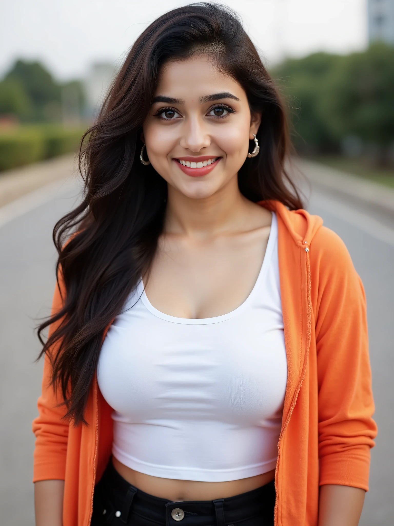 anaswarasdxl, Full body image of an Indian girl with smiling look, fair skin tone, light grey eyes, fox eyelashes, thin eyebrows, black eye liner, silver eyeshadow, natural blush, and red lipstick. Her hairs are long, brown, wavy and stylish. She is wearing a white round neck t-shirt, an orange hoodie, black pants and hoop earrings. She is standing outdoors in a sexy pose. Photorealistic, ultra realistic, detailed skin, soft lighting, ultra-detailed textures, 8K resolution, masterpiece.
