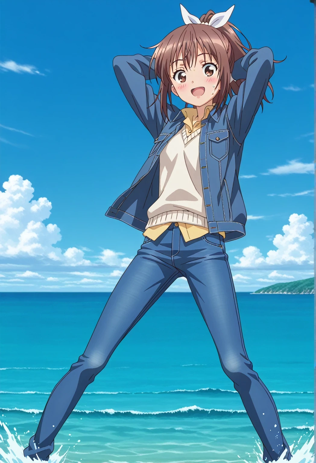 score_9, score_8_up, score_7_up, source_anime, highres, hi res, ((best quality, top quality, perfect quality, Highest Quality, amazing quality)), {{masterpiece}}, {{an extremely delicate and beautiful}}, 2d, intricate details, official style, anime, 8k, anime style, official_anime, official art, digital painting, cell shading, soft shading, high resolution, soothing tones, Subdued Color, Soft cinematic light, adobe lightroom, photolab, HDR, intricately and hyper-detailed, ((high quality animation)), 1 girl, Alone, solo, ((ocean)), tsunami, on the water, day, sunny, outdoors, sky, windy, sally, long hair, ribbon, hair ribbon, white ribbon, ponytail, brown hair, brown eyes, anime screencap, small breasts, ((deep blue denim jacket)), shirt collar, untucked shirts, yellow shirt, white sweater vest, long sleeves, best quality, hyper-detailed jeans, ((blue jeans:1.9)), (dark blue jeans:0.6), full medium body, medium shot, Open mouth, smiling, happy face, blush, sweat, standing, ((arms behind head:6.0)), bowlegged, jumping pose, action, looking at viewer, spread legs, Bend knees slightly, straight-on front view