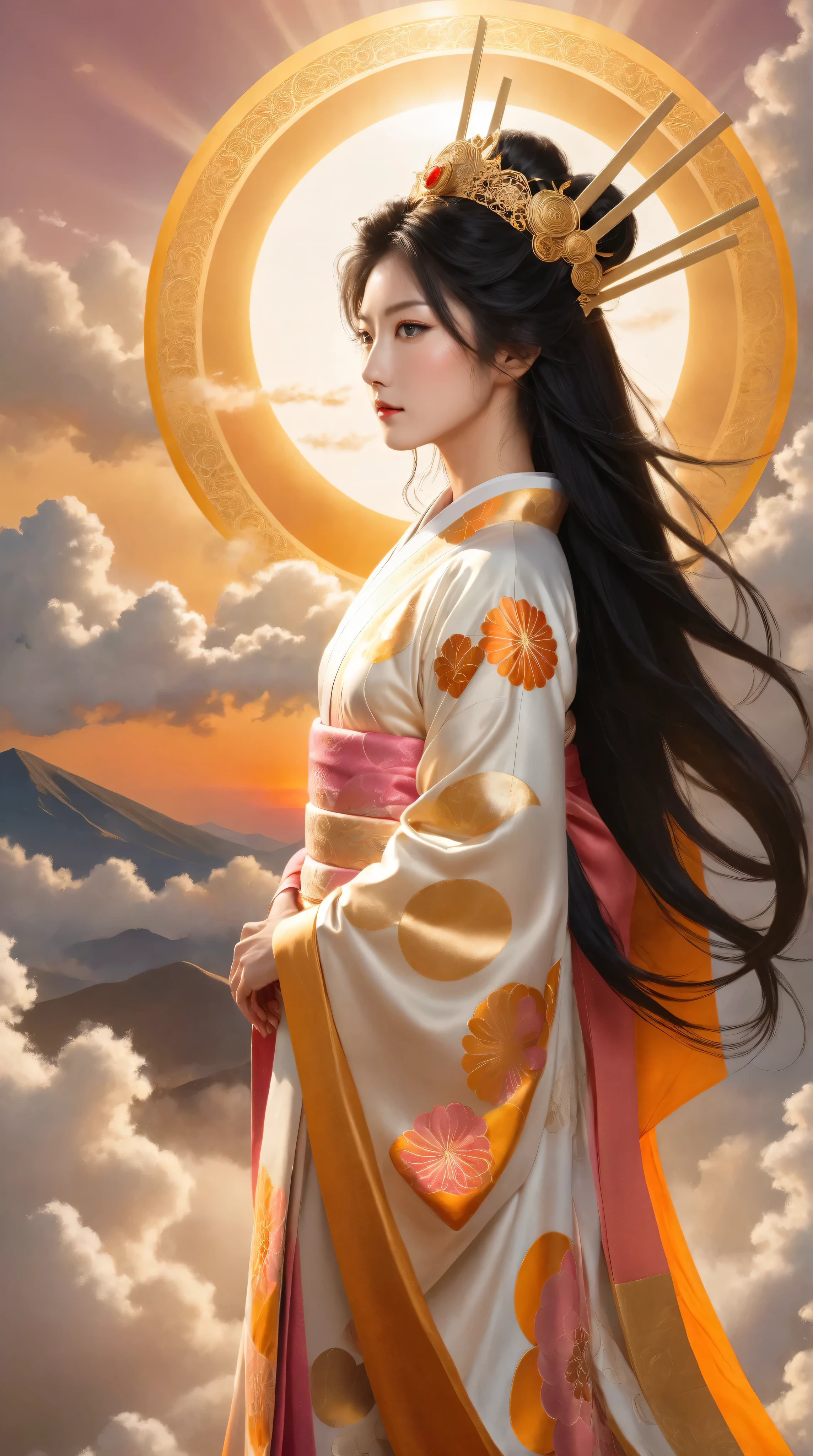 A divine scene on clouds during sunset : the supreme goddess Amaterasu stands majestically at the center , sunlight and warm golden - orange hues radiating behind her , slightly mature beautiful face , long black hair , wearing a luxurious , intricately patterned kimono with a magnificent crown reflecting sunlight , sparking with divine light . In front of her , a younger Japanese goddess is kneeling in deep dogeza ,back and hips facing the viewer , hands and forehead touching the ground , apologizing sincerely . Dramatic clouds with shades of pink , orange , and gold , soft golden sunlight illuminating the scene , cinematic perspective , dynamic composition , light reflecting on the clouds and garments , sparkling divine glow , highly detailed , realistic style , full body of both characters .