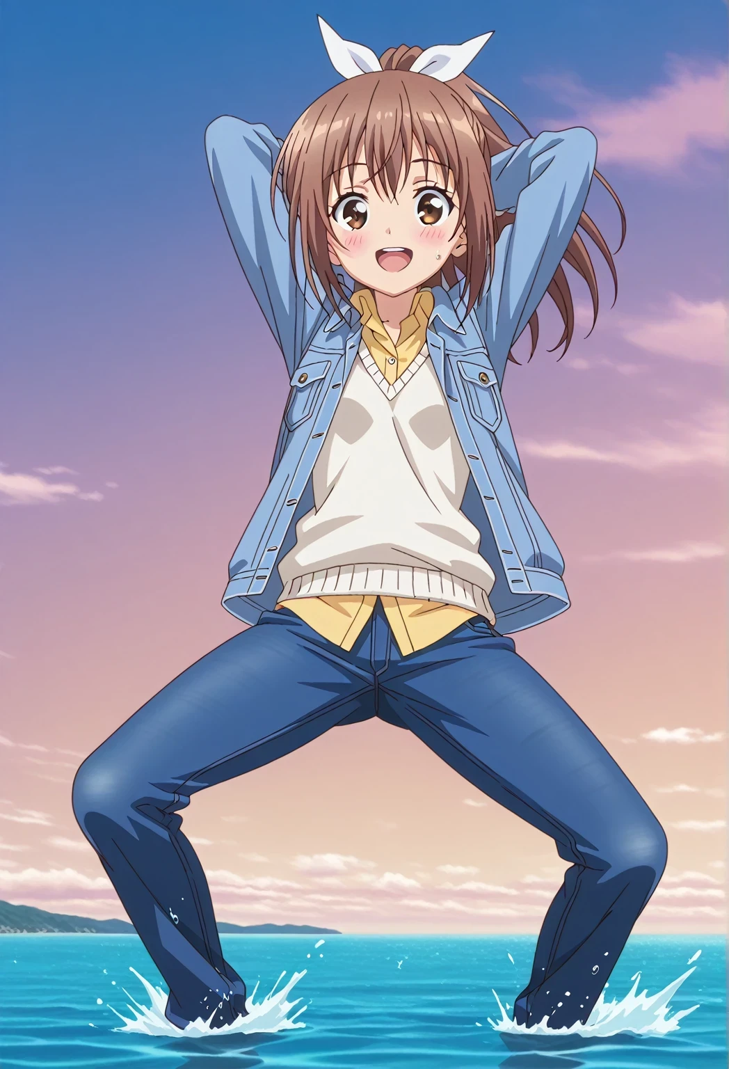 score_9, score_8_up, score_7_up, source_anime, highres, hi res, ((best quality, top quality, perfect quality, Highest Quality, amazing quality)), {{masterpiece}}, {{an extremely delicate and beautiful}}, 2d, intricate details, official style, anime, 8k, anime style, official_anime, official art, digital painting, cell shading, soft shading, high resolution, soothing tones, Subdued Color, Soft cinematic light, adobe lightroom, photolab, HDR, intricately and hyper-detailed, ((high quality animation)), 1 girl, Alone, solo, ((ocean)), tsunami, on the water, day, sunny, outdoors, sky, windy, sally, long hair, ribbon, hair ribbon, white ribbon, ponytail, brown hair, brown eyes, anime screencap, small breasts, ((deep blue denim jacket)), shirt collar, untucked shirts, yellow shirt, white sweater vest, long sleeves, best quality, hyper-detailed jeans, ((blue jeans:1.9)), (dark blue jeans:0.5), full medium body, medium shot, Open mouth, smiling, happy face, blush, sweat, standing, ((arms behind head:6.0)), bowlegged, jumping pose, action, looking at viewer, spread legs, Bend knees slightly, straight-on front view