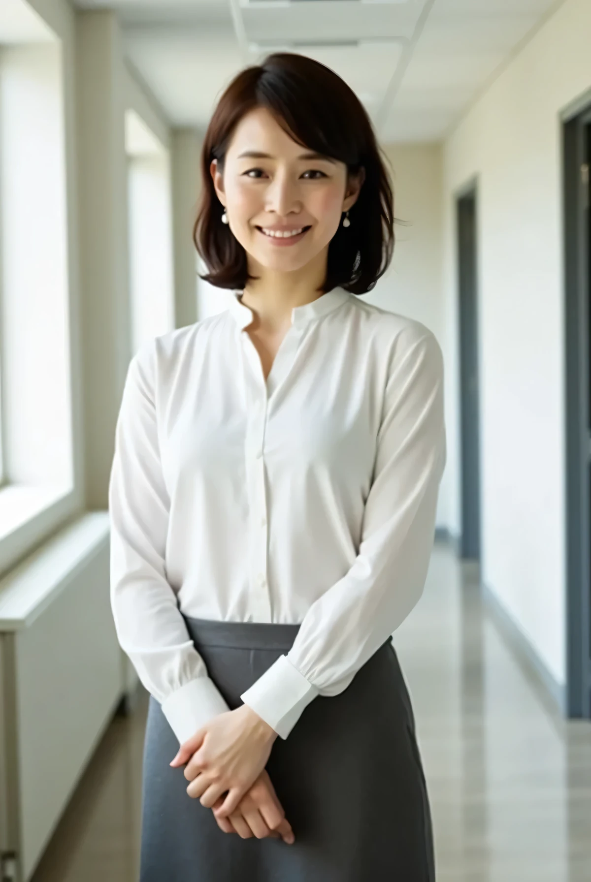 yuriko ishida,(masterpiece, best quality, ultra-detailed, 8k, RAW photo, photorealistic, cinematic lighting), (masterpiece, best quality, ultra-detailed, 8k, RAW photo, photorealistic, cinematic lighting),  
a beautiful 40-year-old Japanese woman, well-balanced mature figure,wearing a modest but stylish blouse and long skirt, gentle and composed expression, E-cup bust, standing near office room during daytime , calm and intellectual atmosphere, soft natural sunlight from windows, smile, shallow depth of field, cinematic and emotional composition, candid photography feel
