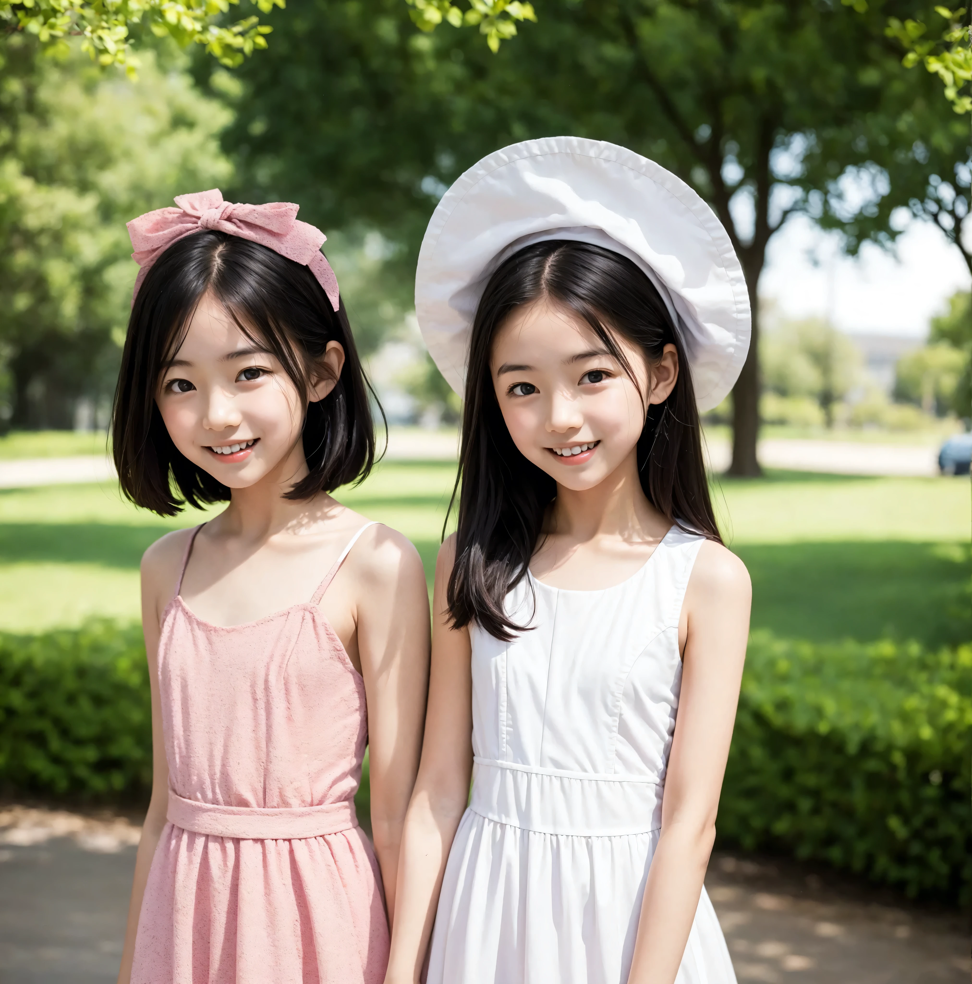 2 cute girls,((Highest Quality)),park where the nipples are almost visible,((Photo Quality)),(Slim:1.5),(detail),Tiny Chest,narrow shoulder width,perfect face,Tank Dress ,ruffle dress,(skinny:1.3),(smile:0.5)