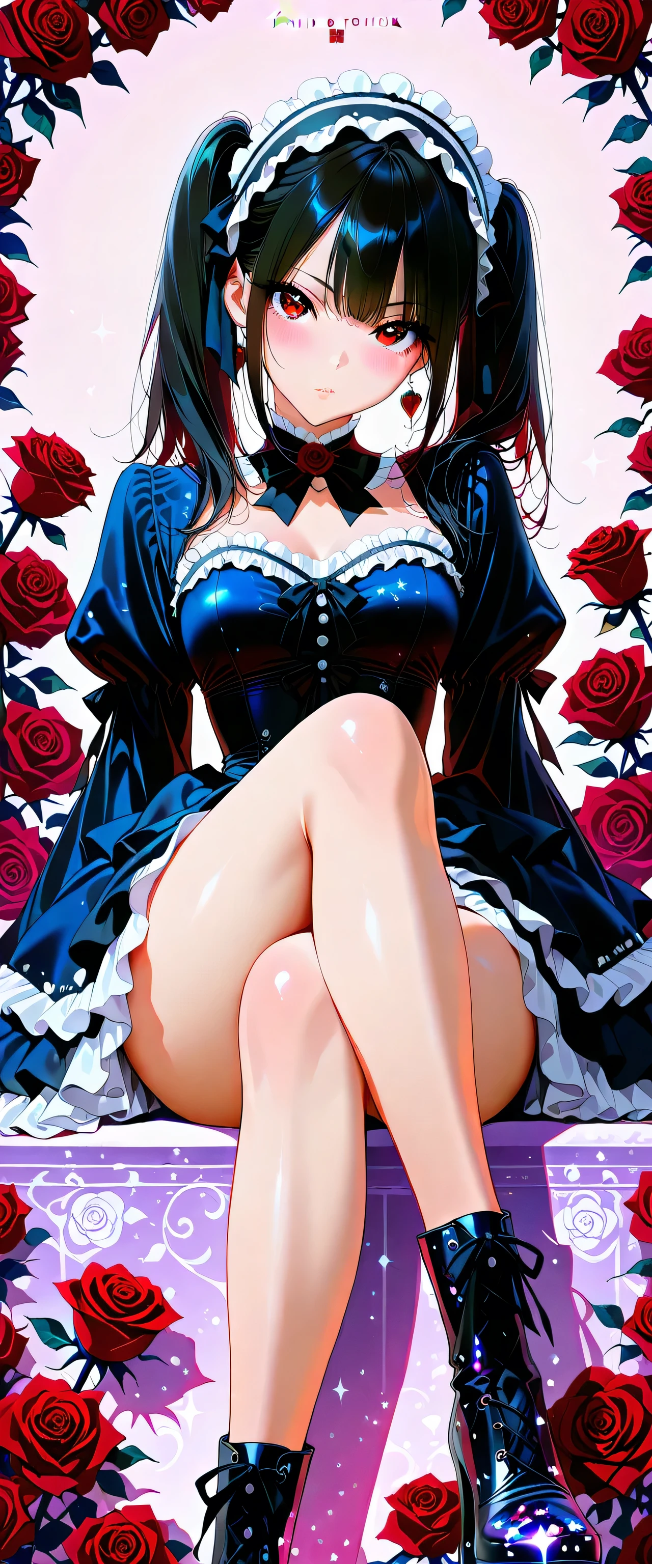 (beautiful girl:1.3),masterpiece,Please redeem,Ultra-high resolution,rich contrast,Very high quality,8k,Highly detailed CG unit wallpaper,Texture,So ridiculous,RAW Photos,Highest quality anime,anime-style illustration,studio anime style,professional photograph,an extremely delicate and beautiful,Depth of written boundary1.2,ultra-detailed eyes,big eyes,round eyes,Glitter Effect,Beautiful glossy lips,fair skin,twin tails,black hair,weak,blush,((Doll Lolita)),Gothic Lolita,tilt your head,(rose background:1.5),maorix,(legs crossed:1.5),