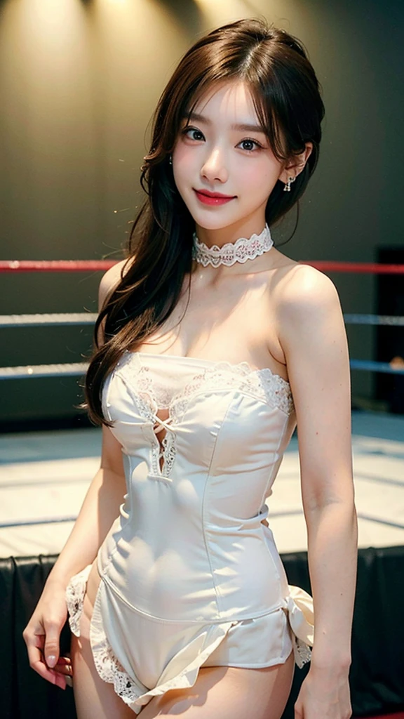((masterpiece: 1.4, best quality))+,(ultra detail)+, official art, unity 8k wallpaper, ultra detail, beautiful, high quality, Highlight your cute face,  masterpiece, best quality, (Above the brightly lit professional wrestling ring:1.5), Popular shoulder length hairstyles, (brown eyes, brown hair), smile brightly, (White Sleeveless Turtleneck One-Piece Swimsuit:1.3), (The ????? area is exposed with lace.:1.5), (bust:1.5), (jewelry earrings, hairpin with large ribbon:1.4)