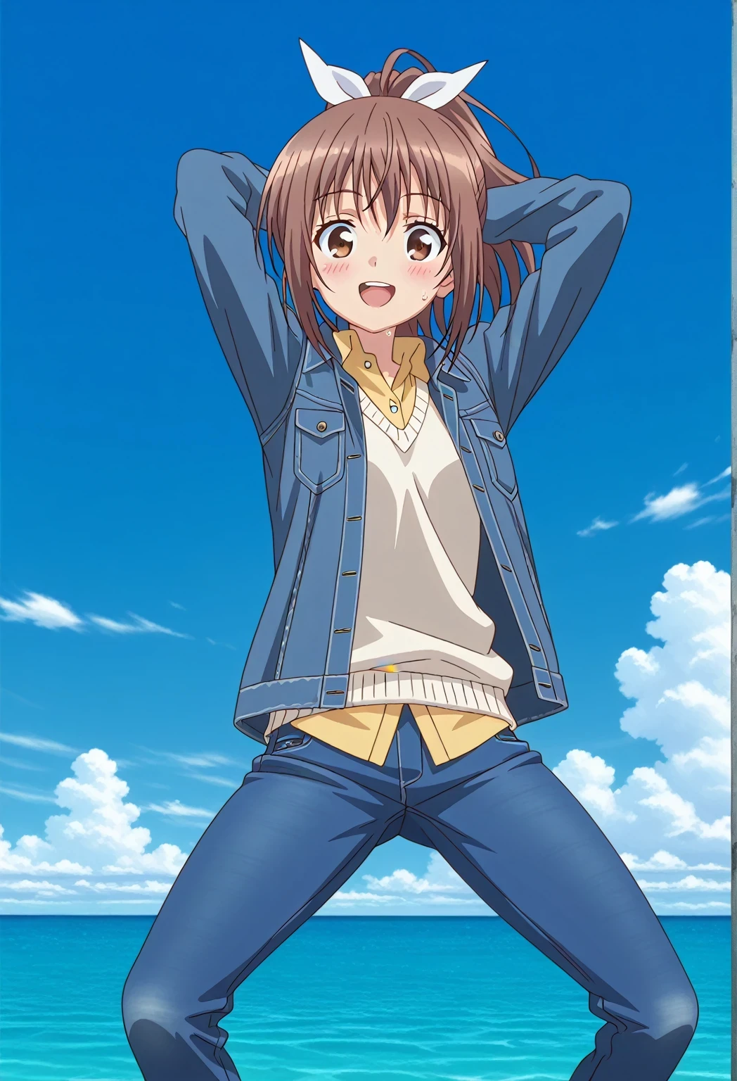 score_9, score_8_up, score_7_up, source_anime, highres, hi res, ((best quality, top quality, perfect quality, Highest Quality, amazing quality)), {{masterpiece}}, {{an extremely delicate and beautiful}}, 2d, intricate details, official style, anime, 8k, anime style, official_anime, official art, digital painting, cell shading, soft shading, high resolution, soothing tones, Subdued Color, Soft cinematic light, adobe lightroom, photolab, HDR, intricately and hyper-detailed, ((high quality animation)), 1 girl, Alone, solo, ((ocean)), tsunami, on the water, day, sunny, outdoors, sky, windy, sally, long hair, ribbon, hair ribbon, white ribbon, ponytail, brown hair, brown eyes, anime screencap, small breasts, ((deep blue denim jacket)), shirt collar, untucked shirts, yellow shirt, white sweater vest, long sleeves, best quality, hyper-detailed jeans, ((blue jeans:1.9)), (dark blue jeans:0.5), full medium body, medium shot, Open mouth, smiling, happy face, blush, sweat, standing, ((arms behind head:6.0)), bowlegged, jumping pose, action, looking at viewer, spread legs, Bend knees slightly, straight-on front view