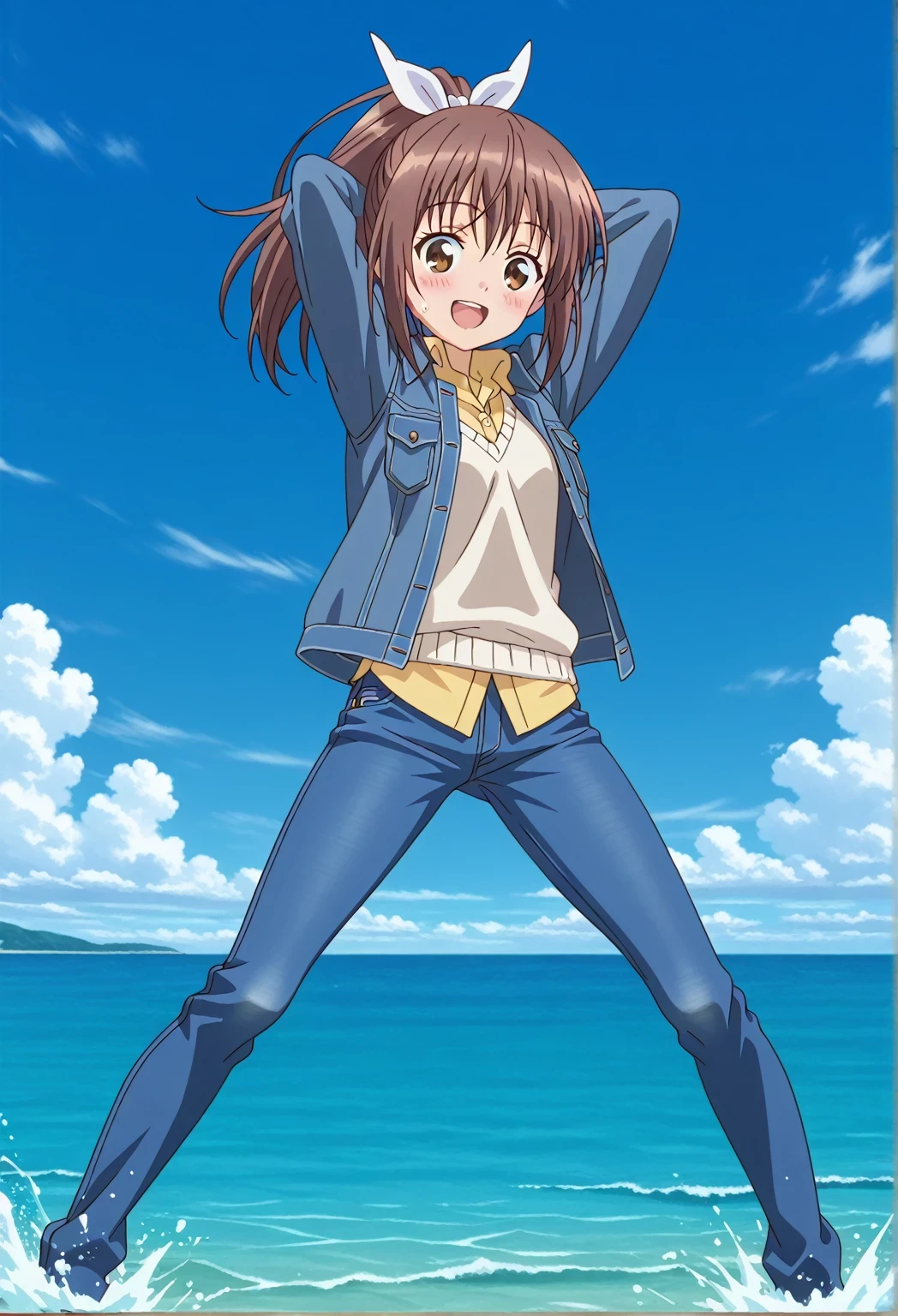 score_9, score_8_up, score_7_up, source_anime, highres, hi res, ((best quality, top quality, perfect quality, Highest Quality, amazing quality)), {{masterpiece}}, {{an extremely delicate and beautiful}}, 2d, intricate details, official style, anime, 8k, anime style, official_anime, official art, digital painting, cell shading, soft shading, high resolution, soothing tones, Subdued Color, Soft cinematic light, adobe lightroom, photolab, HDR, intricately and hyper-detailed, ((high quality animation)), 1 girl, Alone, solo, ((ocean)), tsunami, on the water, day, sunny, outdoors, sky, windy, sally, long hair, ribbon, hair ribbon, white ribbon, ponytail, brown hair, brown eyes, anime screencap, small breasts, ((deep blue denim jacket)), shirt collar, untucked shirts, yellow shirt, white sweater vest, long sleeves, best quality, hyper-detailed jeans, ((blue jeans:1.9)), (dark blue jeans:0.5), full medium body, medium shot, Open mouth, smiling, happy face, blush, sweat, standing, ((arms behind head:6.0)), bowlegged, jumping pose, action, looking at viewer, spread legs, Bend knees slightly, straight-on front view