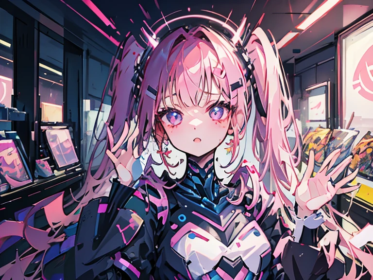 closeup, 1 girl, alone, [dark blue and pink hair: blue and pink hair:0.2], cyberpunk, high tech, V, mechanical parts, looking at audience, black eyes, long hair, luminous laser female super tech jumpsuit, cyberpunk mechanical body parts, with tattoos, interior, luminous laser earrings. high contrast, night, black, [freckles:0.9], reflective  rainbow, long hair, breasts, white skin most beautiful Korean woman's face,  expression, (relaxed pose: 1.5), eva, complex background, Sony a6300, extremely beautiful and gorgeous anime illustration, with cinematic perspective，(relaxed pose: 1. 5), eva, complex background, Sony a6300, extremely beautiful and gorgeous anime illustration with a cinematic perspective.