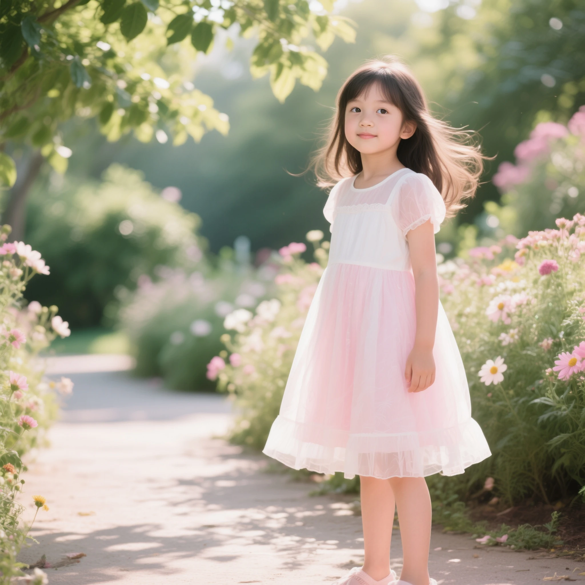 Cute and delicate child playing in a pink flower garden, the  is running among the flowers in the garden and smiling