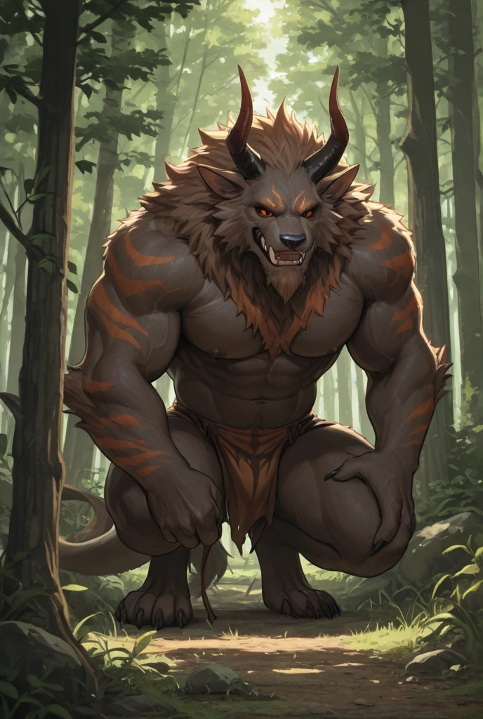 mitachurl, solo, male, mask, (pose:1.3), (posing:1.3), (soft shading), 4k, hi res, ((detailed face, detailed eyes, detailed)), (full body), by Canyne Khai, forest background, 1boy, standing, male focus, muscular male, abs, loincloth, close-up, ????, one hand behind head