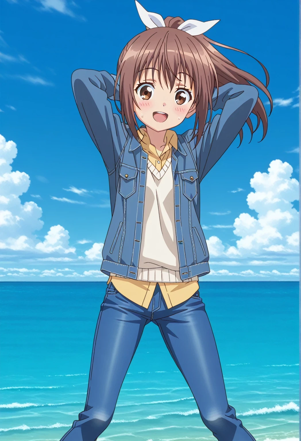 score_9, score_8_up, score_7_up, source_anime, highres, hi res, ((best quality, top quality, perfect quality, Highest Quality, amazing quality)), {{masterpiece}}, {{an extremely delicate and beautiful}}, 2d, intricate details, official style, anime, 8k, anime style, official_anime, official art, digital painting, cell shading, soft shading, high resolution, soothing tones, Subdued Color, Soft cinematic light, adobe lightroom, photolab, HDR, intricately and hyper-detailed, ((high quality animation)), 1 girl, Alone, solo, ((ocean)), tsunami, on the water, day, sunny, outdoors, sky, windy, sally, long hair, ribbon, hair ribbon, white ribbon, ponytail, brown hair, brown eyes, anime screencap, small breasts, ((deep blue denim jacket)), shirt collar, untucked shirts, yellow shirt, white sweater vest, long sleeves, best quality, hyper-detailed jeans, ((blue jeans:1.9)), (dark blue jeans:0.5), full medium body, medium shot, Open mouth, smiling, happy face, blush, sweat, standing, ((arms behind head:6.0)), bowlegged, jumping pose, action, looking at viewer, spread legs, Bend knees slightly, straight-on front view