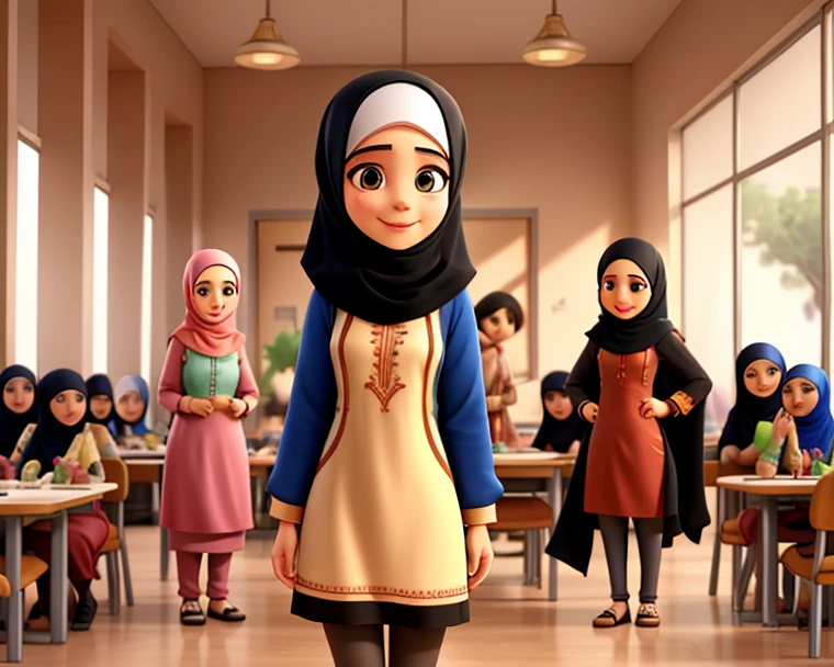 Two women wearing hijabs and white long-sleeved shirts, as well as trousers with different motifs. They are seen standing outdoors, perhaps in a park or field, with a bright, cloudy sky in the background. Each of them is holding a book, indicating that they are probably in the context of a learning or educational activity. The three women smiled cheerfully, reflecting a happy and enthusiastic mood.