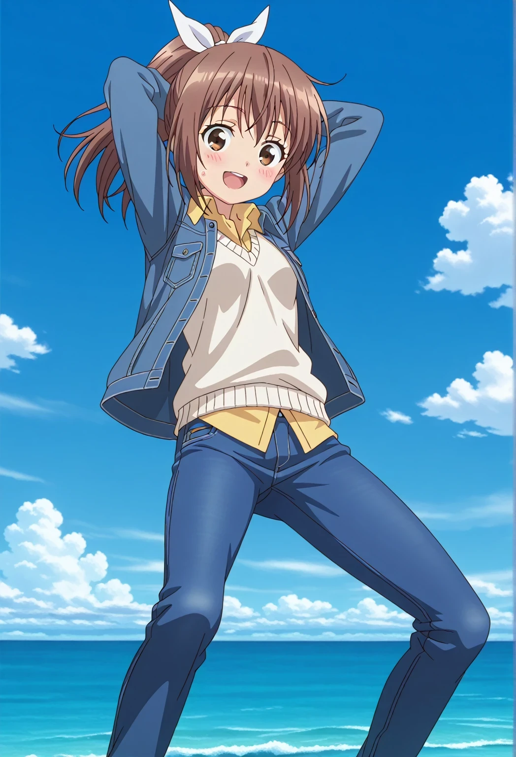 score_9, score_8_up, score_7_up, source_anime, highres, hi res, ((best quality, top quality, perfect quality, Highest Quality, amazing quality)), {{masterpiece}}, {{an extremely delicate and beautiful}}, 2d, intricate details, official style, anime, 8k, anime style, official_anime, official art, digital painting, cell shading, soft shading, high resolution, soothing tones, Subdued Color, Soft cinematic light, adobe lightroom, photolab, HDR, intricately and hyper-detailed, ((high quality animation)), 1 girl, Alone, solo, ((ocean)), tsunami, on the water, day, sunny, outdoors, sky, windy, sally, long hair, ribbon, hair ribbon, white ribbon, ponytail, brown hair, brown eyes, anime screencap, small breasts, ((deep blue denim jacket)), shirt collar, untucked shirts, yellow shirt, white sweater vest, long sleeves, best quality, hyper-detailed jeans, ((blue jeans:1.9)), (dark blue jeans:0.5), full medium body, medium shot, Open mouth, smiling, happy face, blush, sweat, standing, ((arms behind head:6.0)), bowlegged, jumping pose, action, looking at viewer, spread legs, Bend knees slightly, straight-on front view