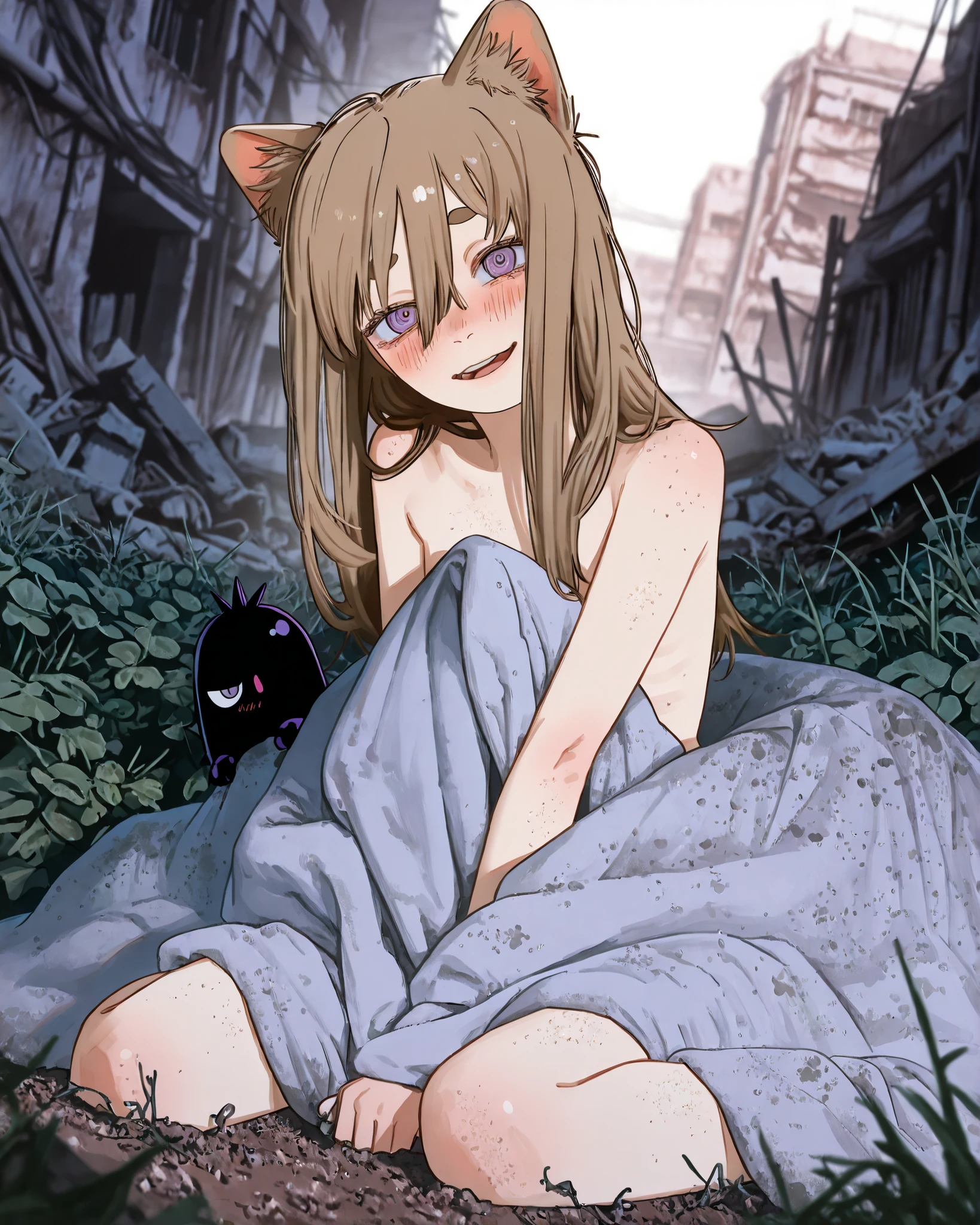 fujimoto,((FujimotoMangaStyle)), ((Fujimoto Tatsuki style)), ((Masterpiece)), ((best quality, amazing quality)), (watercolor painting:1.4), ((very aesthetic, absurdres, newest)), ((detailed background, negative space, blurry background, depth of field)), (dynamic angle), ((1girl)), Cute young Girl, (Healthy Gaunt body, Textured skin, small breast, tilt head), cinematic lighting, fuzzy blanket, foamy blanket, tattered dirty blanket, (blanket wrapped naked body, Covering myself with blanket, Grab the fuzzy blanket), shy, blush, Open mouth, (troubled smile), Thin and short eyebrows, troubled eyebrows, Cat ears, Pale brown hair, unruly hair, (hair between eyes, long bangs, long side bangs), BREAK, (ringed eyes, pale purple eyes, glitter eyes, gradient eyes, looking at viewer), (loose sitting, wariza), outdoor, Beautiful ruins covered with lots of vegetation, aged ruins, slum townscape, pile of rubbles, weeds, sunnyday,