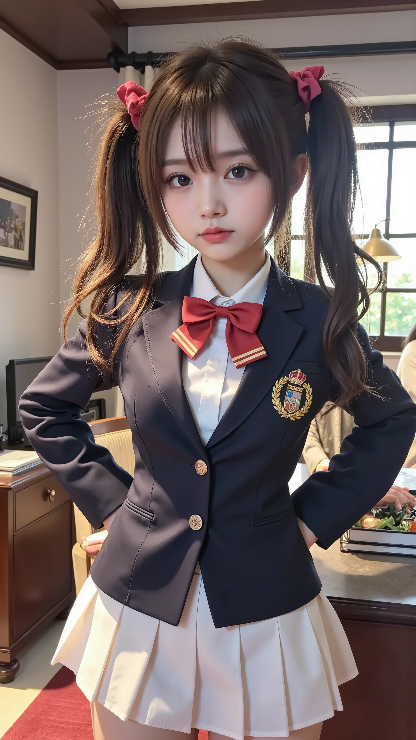 girl wearing school uniform、posing in a room with a desk, Beautiful high school girl, moe art style, JK uniform, a hyperREAL HIGH SCHOOL GIRL, twin tails, Cute Girlのビジュアル, Cute Girl, Pretty girl style 4K, Kantai Collection Style, Smooth Skin, from High School Girls, REAL HIGH SCHOOL GIRL, white pleated skirt, tight waist, thin thighs, Chest ribbon, BIG BREASTS,  nice butt, Highest Quality, Highest Image Quality, masterpiece, ultra high definition, (troubled expression), (((Transcendental young model face:1.3))), (detailed hands:1.3, perfect right hand:1.3)