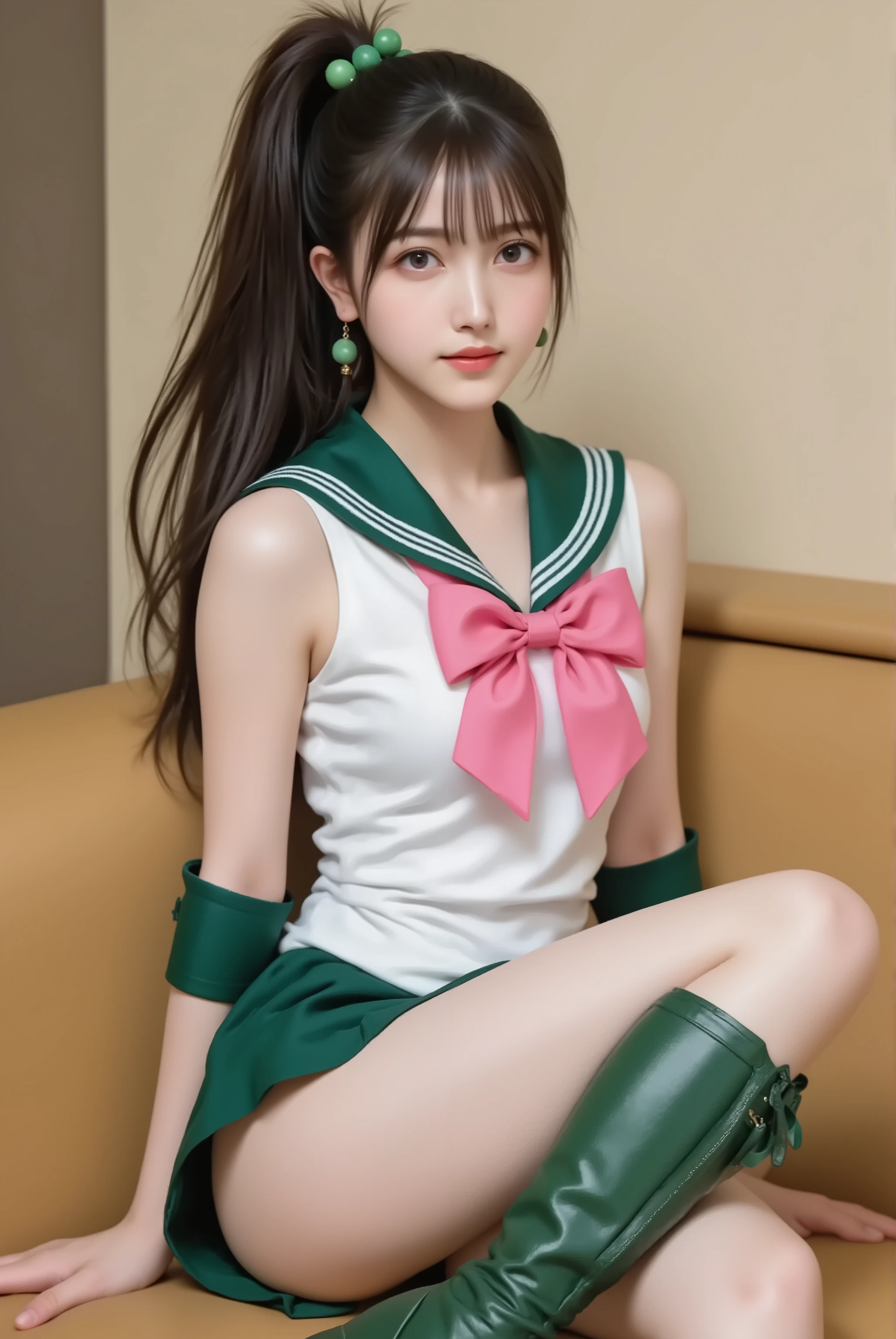 photorealistic cosplay photo, Japanese gravure style,
a tall and athletic Japanese idol-style young woman cosplaying as Sailor Jupiter from Sailor Moon,
bust-up or three-quarter portrait,
long brown hair tied in a high ponytail with green bobbles, bangs framing the face,
wearing Sailor Jupiter’s iconic sailor senshi uniform: white leotard, green skirt, green collar, pink bow on chest, pink bow on back, green boots with lace-up design, rose-shaped earrings,
confident but kind smile, natural makeup,
studio or outdoor background with cinematic lighting,
realistic skin details, sharp eyes, detailed hair strands,
idol gravure photography composition, clearly recognizable as Sailor Jupiter cosplay