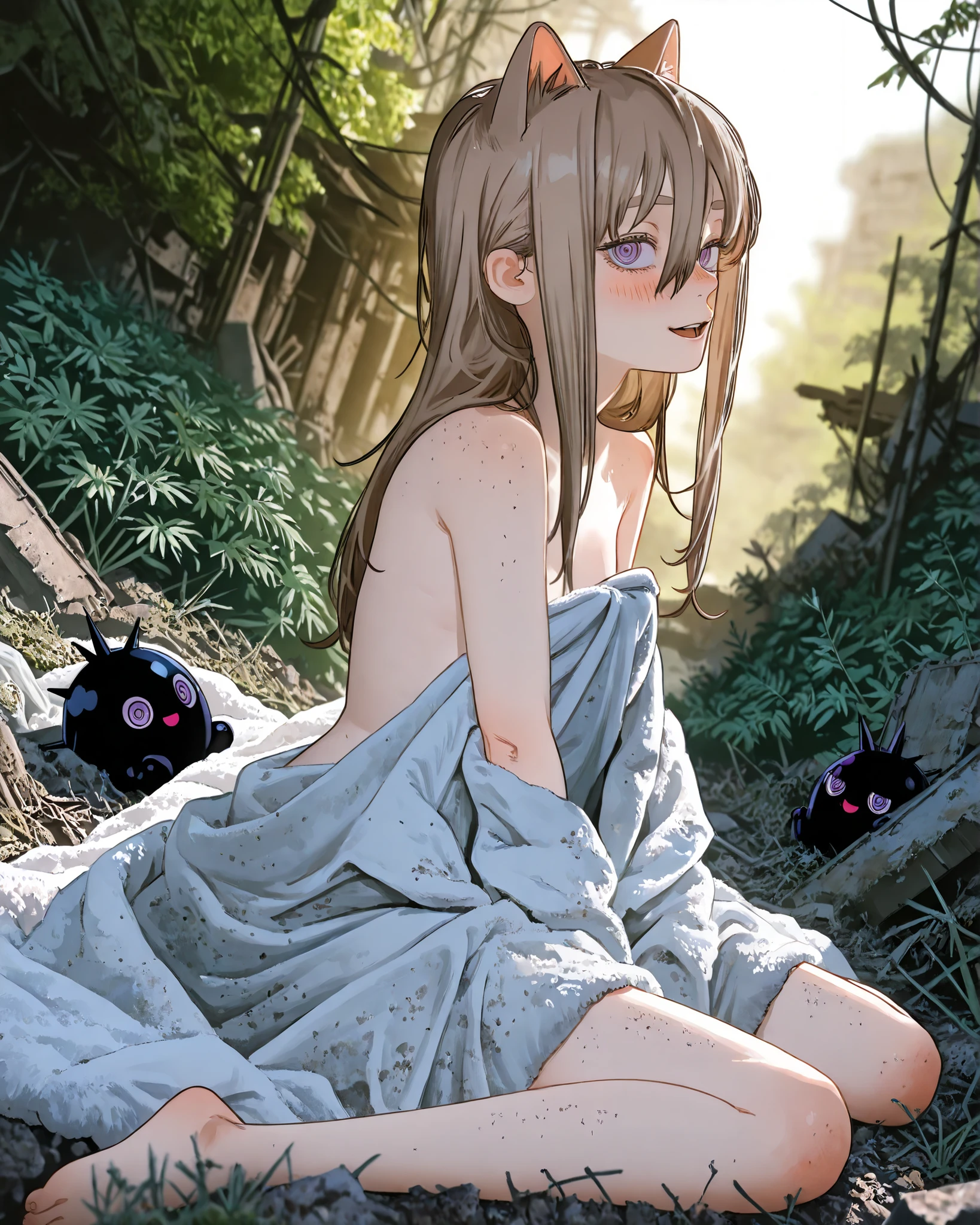 fujimoto,((FujimotoMangaStyle)), ((Fujimoto Tatsuki style)), ((Masterpiece)), ((best quality, amazing quality)), (watercolor painting:1.4), ((very aesthetic, absurdres, newest)), ((detailed background, negative space, blurry background, depth of field)), (dynamic angle, profile), ((1girl)), Cute young Girl, (Healthy Gaunt body, Textured skin, small breast, tilt head), cinematic lighting, fuzzy blanket, foamy blanket, tattered dirty blanket, (blanket wrapped naked body, Covering myself with blanket, Grab the fuzzy blanket), shy, blush, Open mouth, (troubled smile), Thin and short eyebrows, troubled eyebrows, Cat ears, Pale brown hair, unruly hair, (hair between eyes, long bangs, long side bangs), BREAK, (ringed eyes, pale purple eyes, glitter eyes, gradient eyes, looking at viewer), (loose sitting, wariza), outdoor, Beautiful ruins covered with lots of vegetation, aged ruins, slum townscape, pile of rubbles, weeds, sunnyday,