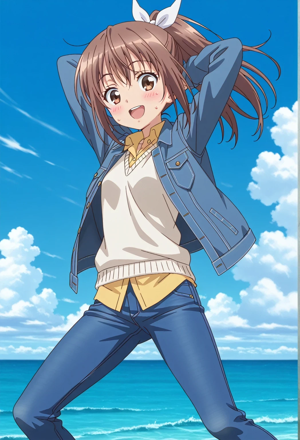 score_9, score_8_up, score_7_up, source_anime, highres, hi res, ((best quality, top quality, perfect quality, Highest Quality, amazing quality)), {{masterpiece}}, {{an extremely delicate and beautiful}}, 2d, intricate details, official style, anime, 8k, anime style, official_anime, official art, digital painting, cell shading, soft shading, high resolution, soothing tones, Subdued Color, Soft cinematic light, adobe lightroom, photolab, HDR, intricately and hyper-detailed, ((high quality animation)), 1 girl, Alone, solo, ((ocean)), tsunami, on the water, day, sunny, outdoors, sky, windy, sally, long hair, ribbon, hair ribbon, white ribbon, ponytail, brown hair, brown eyes, anime screencap, small breasts, ((deep blue denim jacket)), shirt collar, untucked shirts, yellow shirt, white sweater vest, long sleeves, best quality, hyper-detailed jeans, ((blue jeans:1.9)), (dark blue jeans:0.5), full medium body, medium shot, Open mouth, smiling, happy face, blush, sweat, standing, ((arms behind head:6.0)), bowlegged, jumping pose, action, looking at viewer, spread legs, Bend knees slightly, straight-on front view