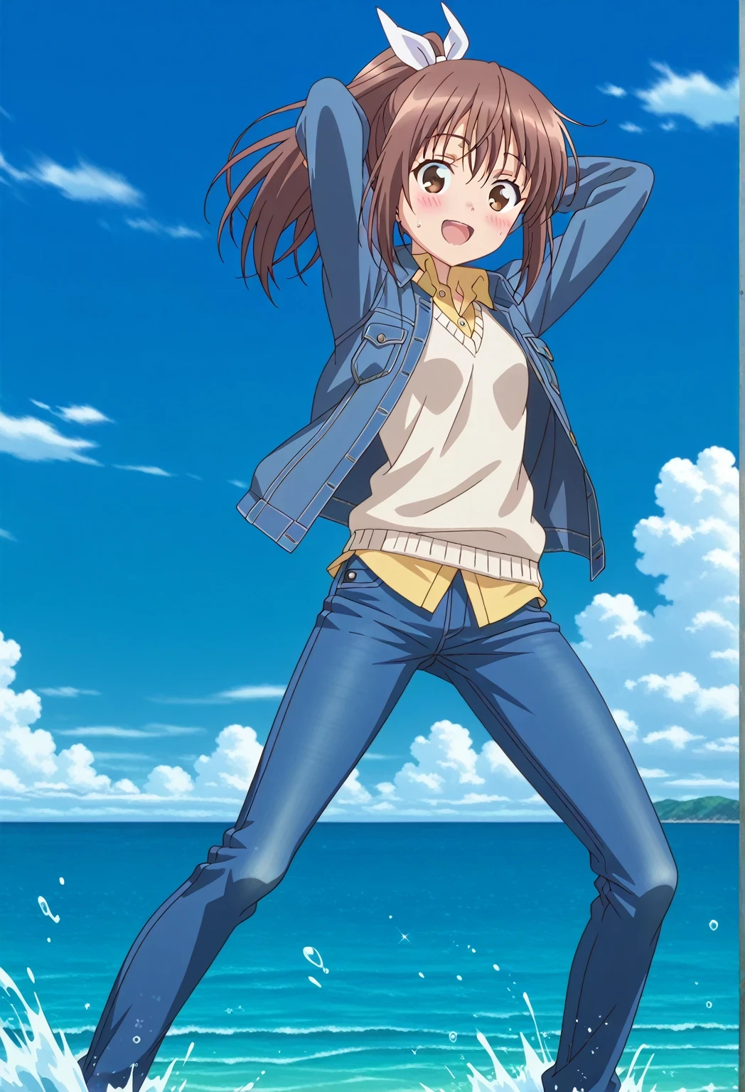 score_9, score_8_up, score_7_up, source_anime, highres, hi res, ((best quality, top quality, perfect quality, Highest Quality, amazing quality)), {{masterpiece}}, {{an extremely delicate and beautiful}}, 2d, intricate details, official style, anime, 8k, anime style, official_anime, official art, digital painting, cell shading, soft shading, high resolution, soothing tones, Subdued Color, Soft cinematic light, adobe lightroom, photolab, HDR, intricately and hyper-detailed, ((high quality animation)), 1 girl, Alone, solo, ((ocean)), tsunami, on the water, day, sunny, outdoors, sky, windy, sally, long hair, ribbon, hair ribbon, white ribbon, ponytail, brown hair, brown eyes, anime screencap, small breasts, ((deep blue denim jacket)), shirt collar, untucked shirts, yellow shirt, white sweater vest, long sleeves, best quality, hyper-detailed jeans, ((blue jeans:1.9)), (dark blue jeans:0.5), full medium body, medium shot, Open mouth, smiling, happy face, blush, sweat, standing, ((arms behind head:6.0)), bowlegged, jumping pose, action, looking at viewer, spread legs, Bend knees slightly, straight-on front view