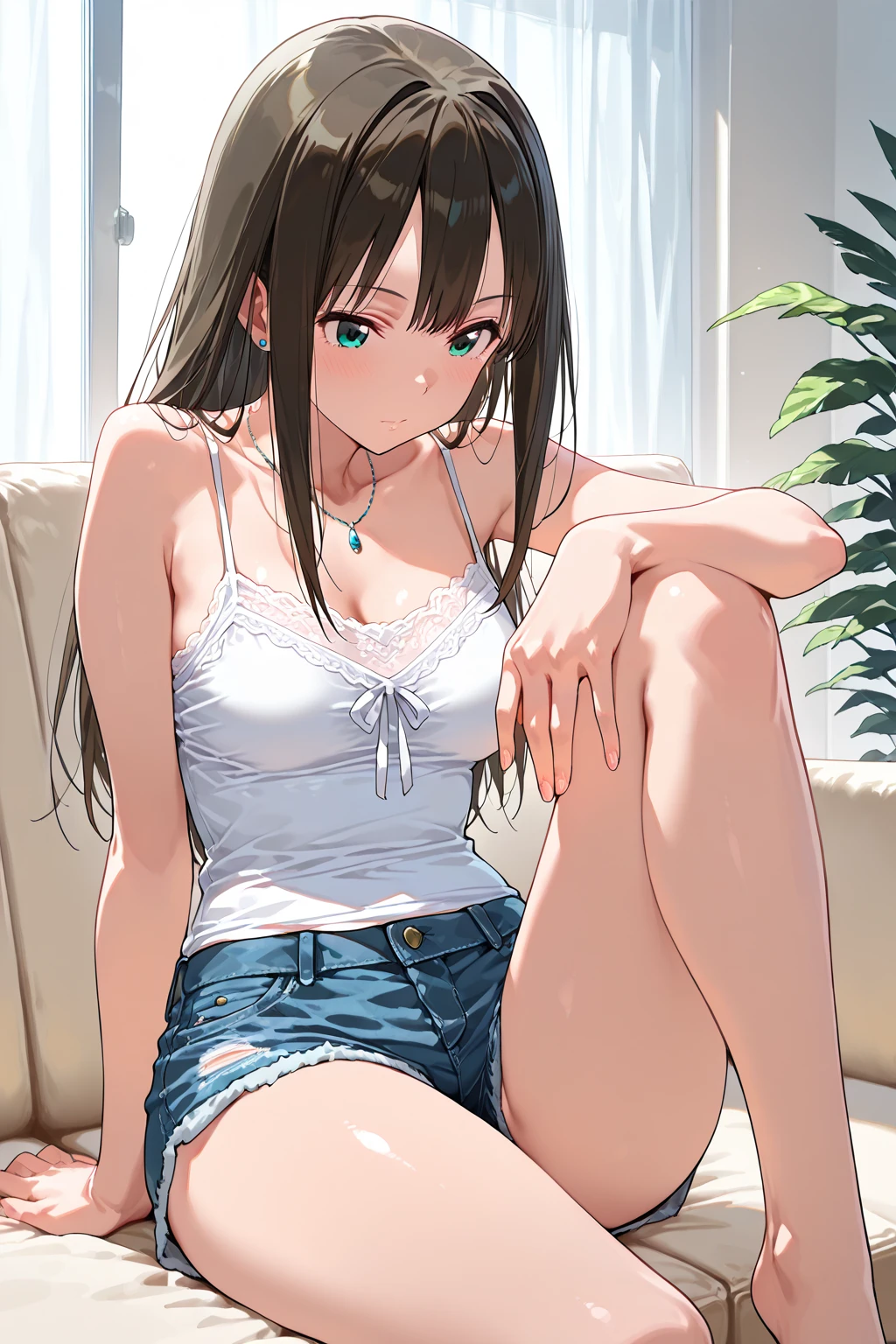 masterpiece, highest quality, High resolution，Anime Style、Brown Hair、Long Hair、female、Tank top、Shorts