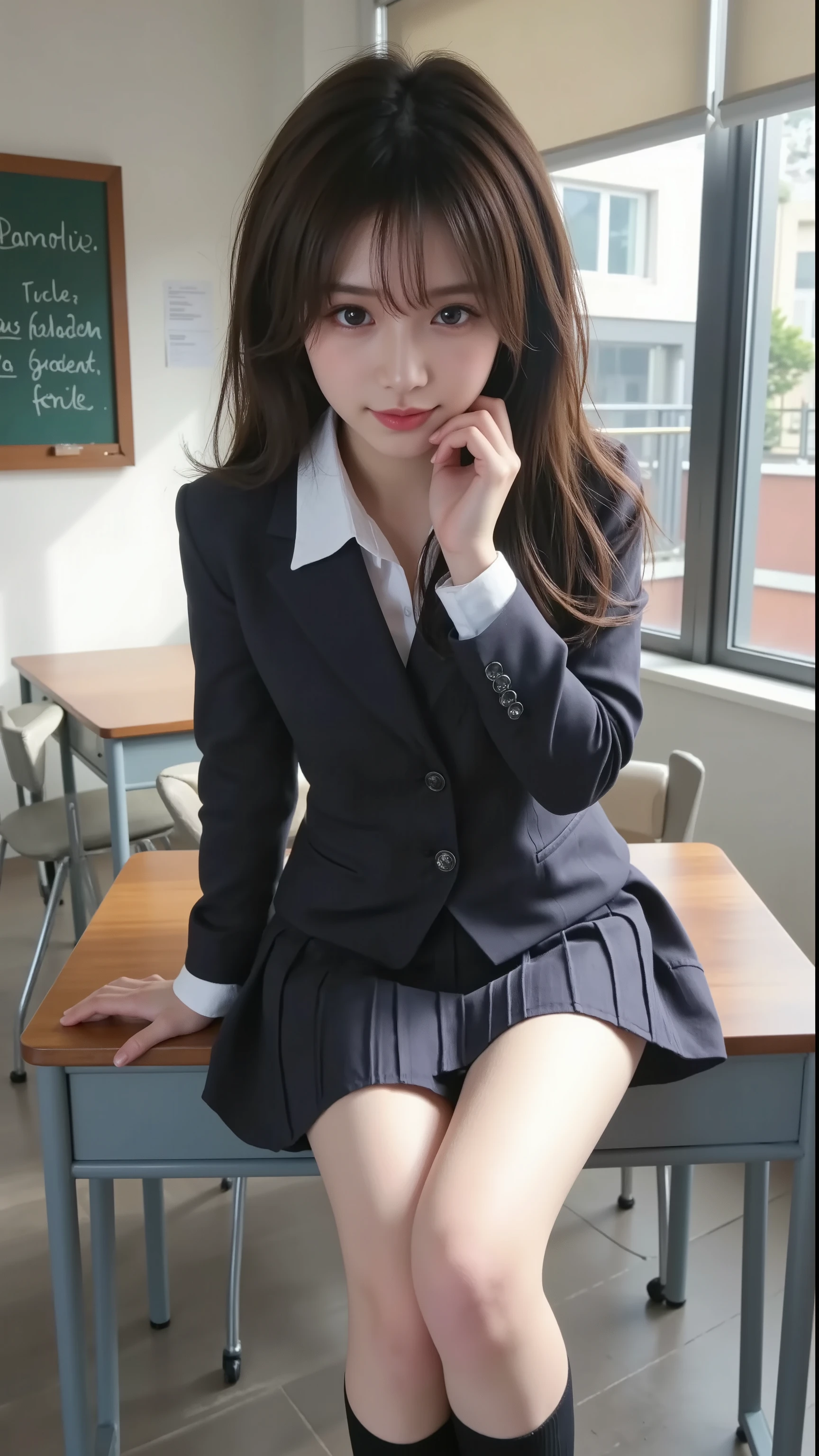 Girl sitting at desk in classroom with blackboard, beautiful high school girl, girl in uniform, moe art style, REAL HIGH SCHOOL GIRL, Attractive girl , a hyperREAL HIGH SCHOOL GIRL, ((Seductive Girl)), Cute Girlのビジュアル, hyperREAL HIGH SCHOOL GIRL, Cute Girl, ((BIG BREASTS:1.3)), tight waist, thin thighs, Beautiful legs, ((High Niso)), ((Absolute domain:1.3)), (seductive expression:1.2), (Secret story :1.3), Highest Quality, Highest Image Quality, 8k masterpiece , ultra high definition, reality, (detailed hands:1.3, perfect right hand:1.3)