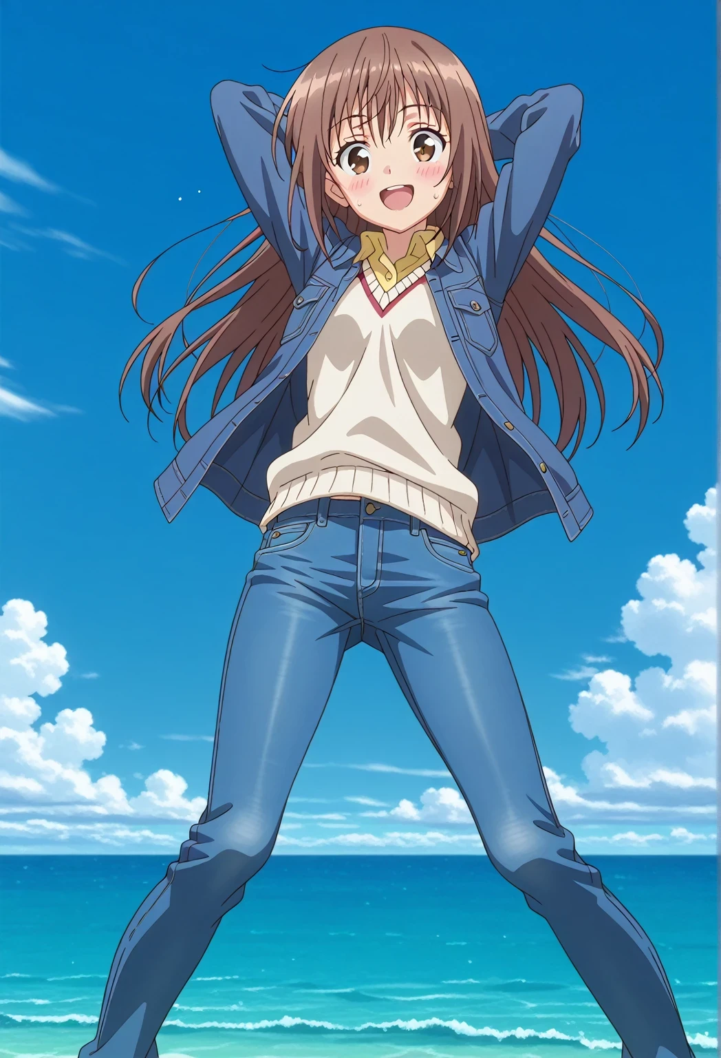 score_9, score_8_up, score_7_up, source_anime, highres, hi res, ((best quality, top quality, perfect quality, Highest Quality, amazing quality)), {{masterpiece}}, {{an extremely delicate and beautiful}}, 2d, intricate details, official style, anime, 8k, anime style, official_anime, official art, digital painting, cell shading, soft shading, high resolution, soothing tones, Subdued Color, Soft cinematic light, adobe lightroom, photolab, HDR, intricately and hyper-detailed, ((high quality animation)), 1 girl, Alone, solo, ((ocean)), tsunami, on the water, day, sunny, outdoors, sky, windy, sally, long hair, brown hair, brown eyes, anime screencap, small breasts, ((deep blue denim jacket)), shirt collar, untucked shirts, yellow shirt, white sweater vest, long sleeves, best quality, hyper-detailed jeans, ((blue jeans:1.9)), (dark blue jeans:0.5), full medium body, medium shot, Open mouth, smiling, happy face, blush, sweat, standing, ((arms behind head:6.0)), bowlegged, jumping pose, action, looking at viewer, spread legs, Bend knees slightly, straight-on front view