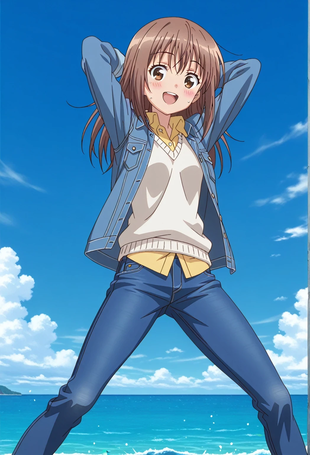 score_9, score_8_up, score_7_up, source_anime, highres, hi res, ((best quality, top quality, perfect quality, Highest Quality, amazing quality)), {{masterpiece}}, {{an extremely delicate and beautiful}}, 2d, intricate details, official style, anime, 8k, anime style, official_anime, official art, digital painting, cell shading, soft shading, high resolution, soothing tones, Subdued Color, Soft cinematic light, adobe lightroom, photolab, HDR, intricately and hyper-detailed, ((high quality animation)), 1 girl, Alone, solo, ((ocean)), tsunami, on the water, day, sunny, outdoors, sky, windy, sally, long hair, brown hair, brown eyes, anime screencap, small breasts, ((deep blue denim jacket)), shirt collar, untucked shirts, yellow shirt, white sweater vest, long sleeves, best quality, hyper-detailed jeans, ((blue jeans:1.9)), (dark blue jeans:0.5), full medium body, medium shot, Open mouth, smiling, happy face, blush, sweat, standing, ((arms behind head:6.0)), bowlegged, jumping pose, action, looking at viewer, spread legs, Bend knees slightly, straight-on front view