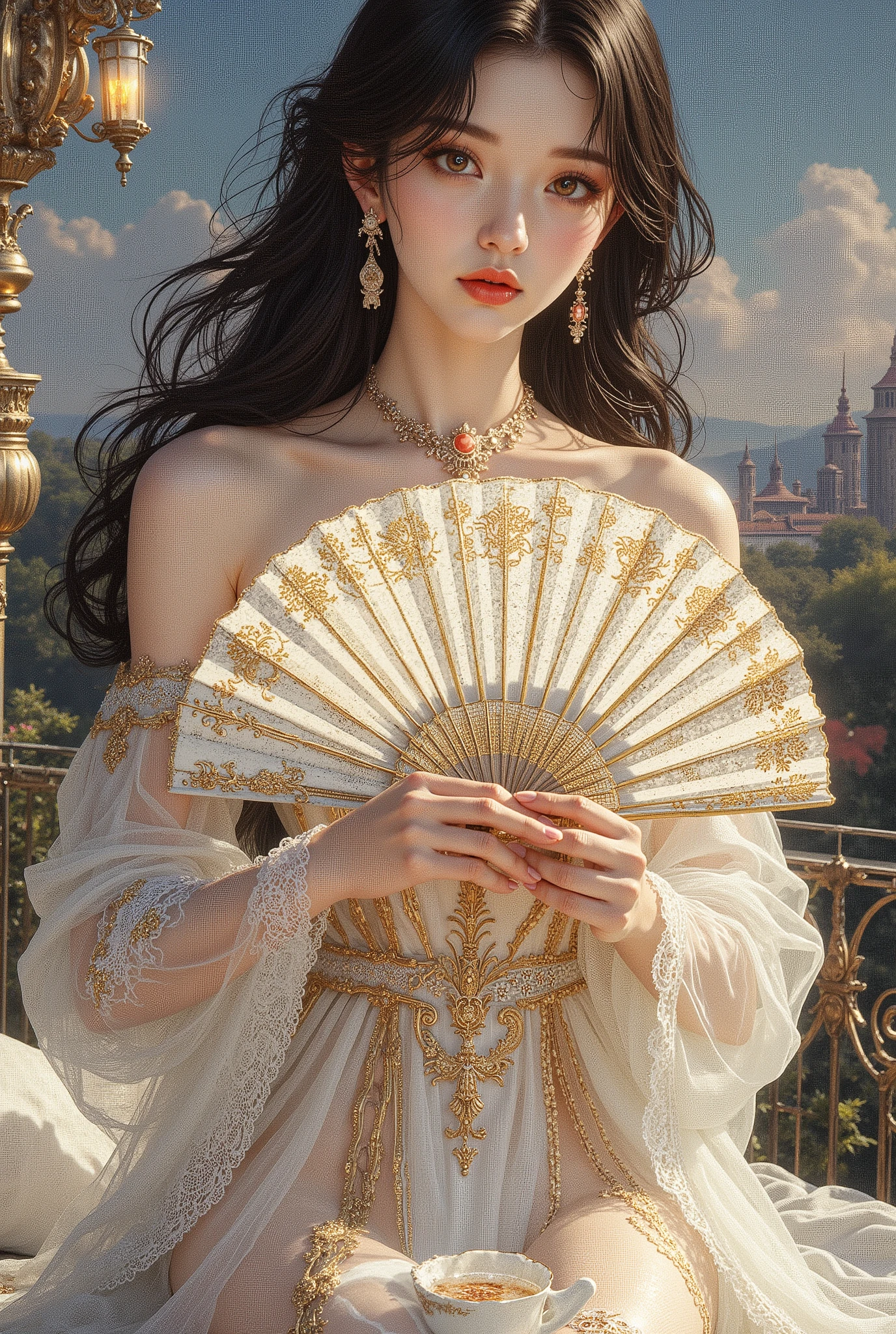 (8K, highest quality, masterpiece), (photorealistic, photoreal: 1.37), extremely detailed depiction
{A woman standing on the roof of a building at night}
Highly distinctive miniature art, delicate and beautiful illustration, a dreamy and hyper-realistic fantasy world, a work that blends reality and fantasy, elegant, passionate, and captivating
Luxurious art gallery
(((An elegant, nude woman enjoying tea on the terrace of a luxurious residence, covering her breasts with a white and gold lace fan)))
Graceful posture, serene atmosphere, perfect pose
Beautiful black hair, Beautiful hazel eyes
(Kitaoji Hazuki, an exhibitionist daughter)
Cowboy shot
(Large breasts), Slim and toned body
(A delicate, sheer lace dress in gold and white.: 1.5)
(((Large breasts: 1.5)))
((Droopy breasts: 1.5))
Beautiful, glossy, long black hair
Cowboy shot
(((Completely naked:1.5)))