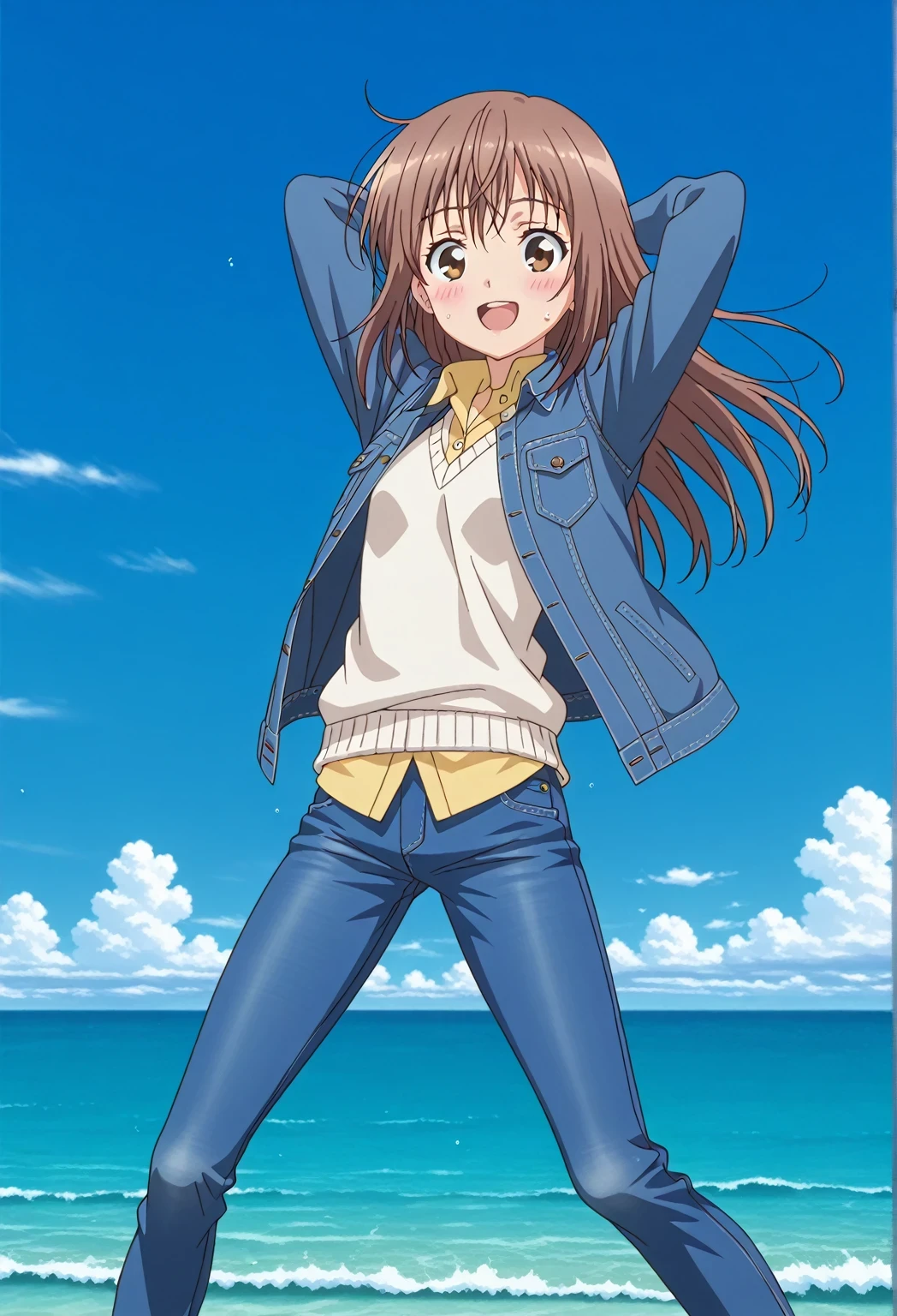 score_9, score_8_up, score_7_up, source_anime, highres, hi res, ((best quality, top quality, perfect quality, Highest Quality, amazing quality)), {{masterpiece}}, {{an extremely delicate and beautiful}}, 2d, intricate details, official style, anime, 8k, anime style, official_anime, official art, digital painting, cell shading, soft shading, high resolution, soothing tones, Subdued Color, Soft cinematic light, adobe lightroom, photolab, HDR, intricately and hyper-detailed, ((high quality animation)), 1 girl, Alone, solo, ((ocean)), tsunami, on the water, day, sunny, outdoors, sky, windy, sally, long hair, brown hair, brown eyes, anime screencap, small breasts, ((deep blue denim jacket)), shirt collar, untucked shirts, yellow shirt, white sweater vest, long sleeves, best quality, hyper-detailed jeans, ((blue jeans:1.9)), (dark blue jeans:0.5), full medium body, medium shot, Open mouth, smiling, happy face, blush, sweat, standing, ((arms behind head:6.0)), bowlegged, jumping pose, action, looking at viewer, spread legs, Bend knees slightly, straight-on front view