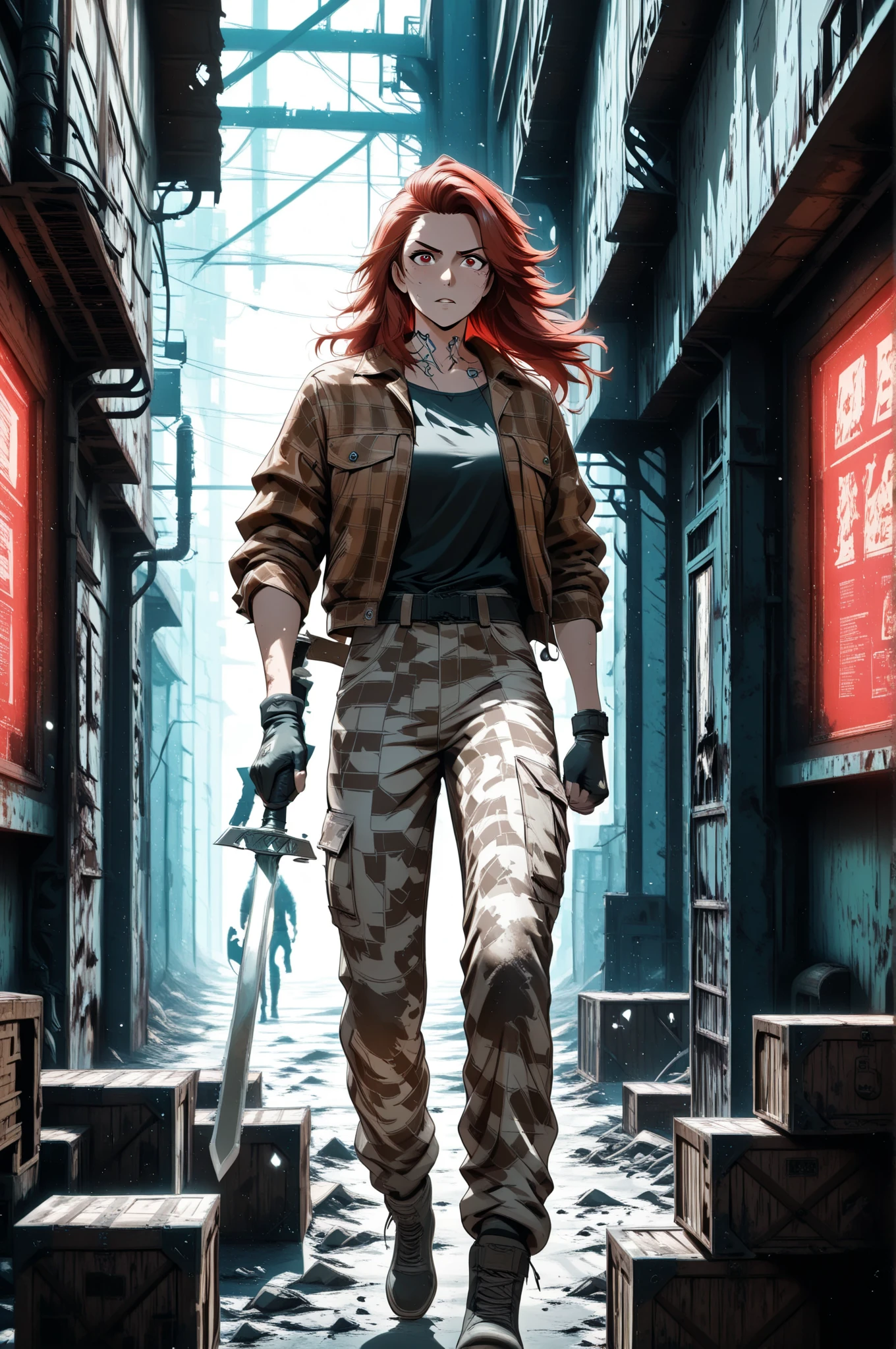 Animation of a red-haired woman with military vest in a zombie apocalypse in an empty city with cars, animation, 4K, Greg Rutkowski, Lora epi_noiseoffset --auto --s2