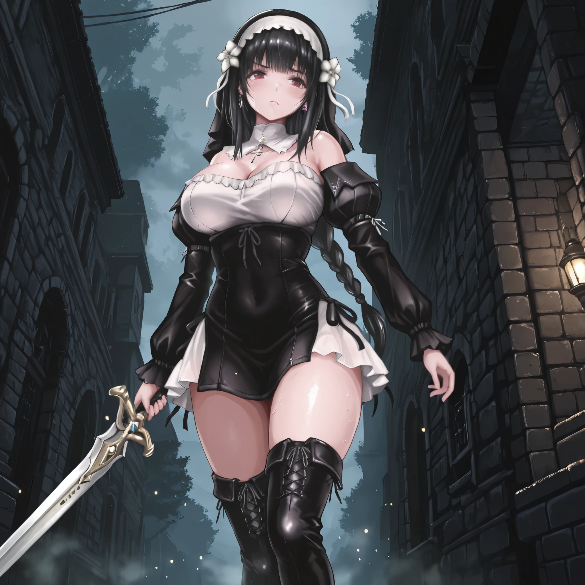  masterpiece, the best quality, muy estético, approach, ((seen from below)), 1girl, rabiane, only, Alone, standing, dynamic pose, holds a sword in his hand, serious look, black high boots, thigh-high boots,  cross necklace, detailed face, detailed eyes, detailed eyes, Red Eyes, black hair, Pechos grandes, dark, Masonry street, Villa Antigua, fog, trees, at night