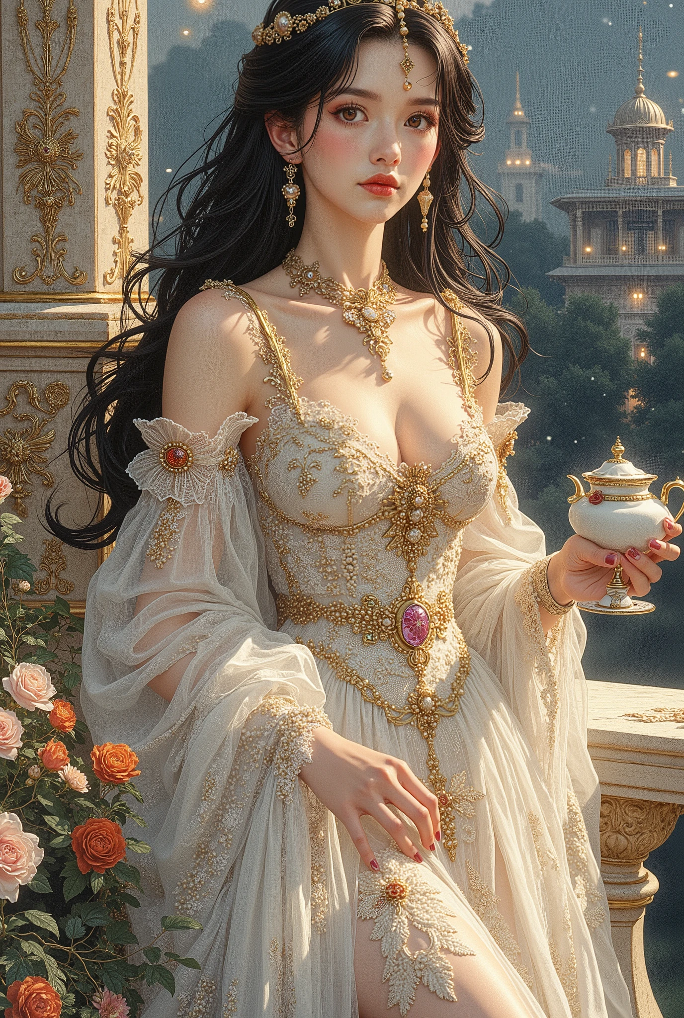 (8K, highest quality, masterpiece), (photorealistic, photoreal: 1.37), extremely detailed depiction
{A woman standing on the roof of a building at night}
Highly distinctive miniature art, delicate and beautiful illustration, a dreamy and hyper-realistic fantasy world, a work that blends reality and fantasy, elegant, passionate, and captivating
Luxurious art gallery
(An elegant nude woman enjoying tea on the terrace of a luxurious mansion)
((cleavage:1.3, huge breasts:1.5)),
Graceful posture, serene atmosphere, perfect pose
Beautiful black hair, Beautiful hazel eyes
(Kitaoji Hazuki, an exhibitionist daughter)
Cowboy shot
(Large breasts), Slim and toned body
(A delicate, sheer lace dress in gold and white.: 1.5)
(((Large breasts: 1.5)))
((Droopy breasts: 1.5))
Beautiful, glossy, long black hair
Cowboy shot
(((Completely naked:1.5)))